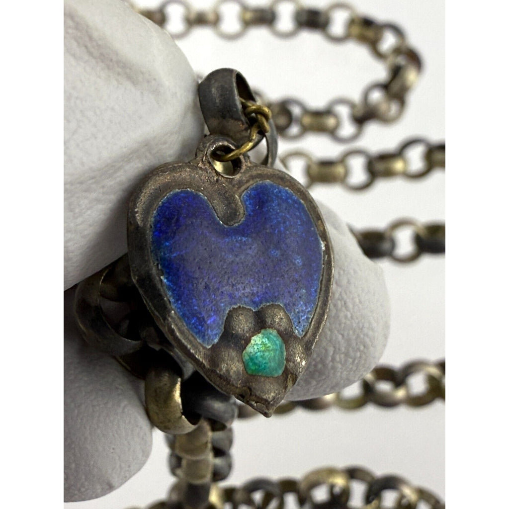 Antique Victorian Unmarked Sterling Silver Lariat Enamel Heart Necklace NO CLASP