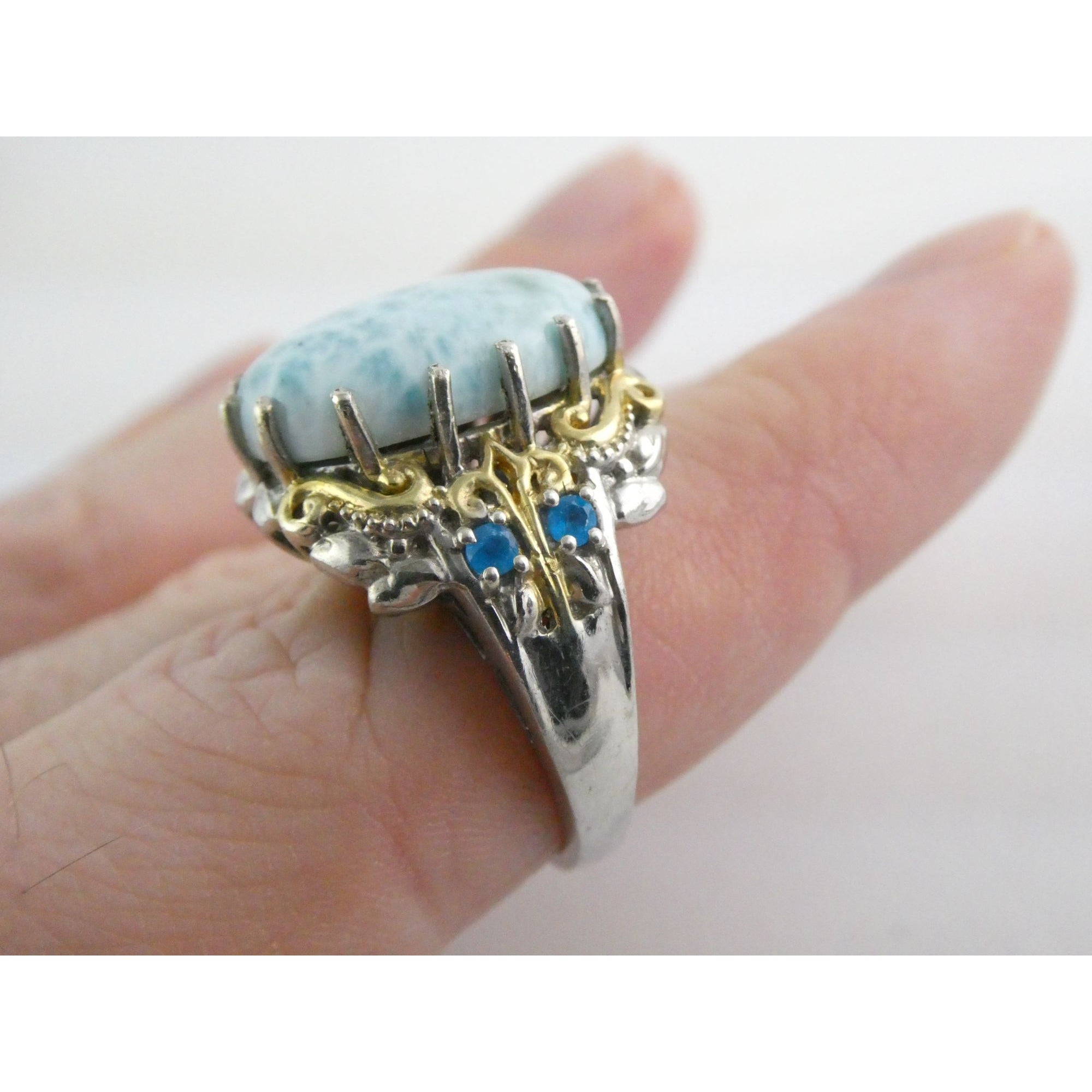 Sterling Silver Larimar and Blue Apatite Accented Ring 925 Size 8 10 Gram Weight