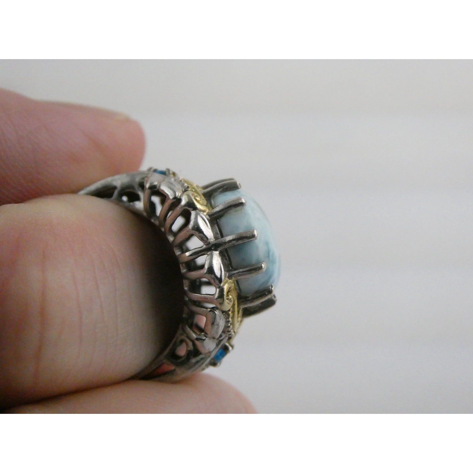 Sterling Silver Larimar and Blue Apatite Accented Ring 925 Size 8 10 Gram Weight