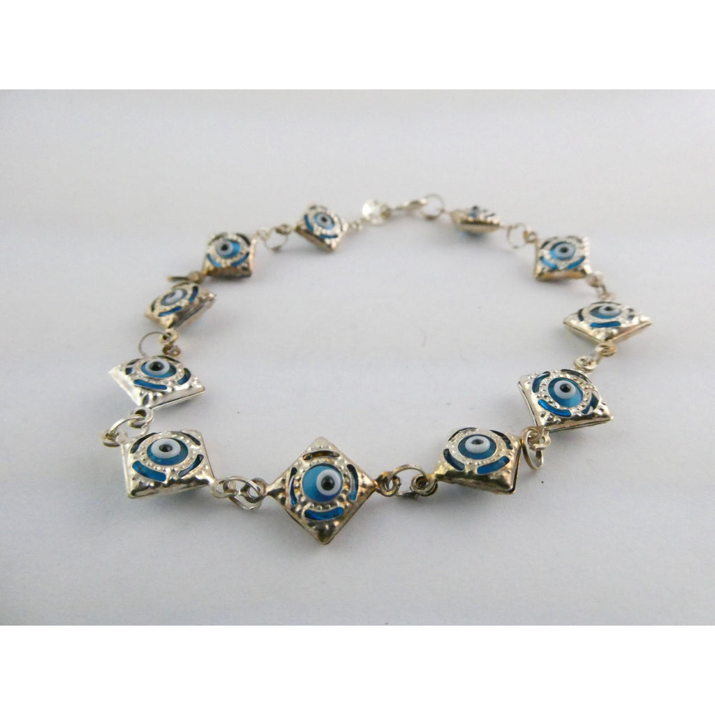 Sterling Silver Blue Glass Evil Eye Link Bracelet 3.8g 7 Inch Length