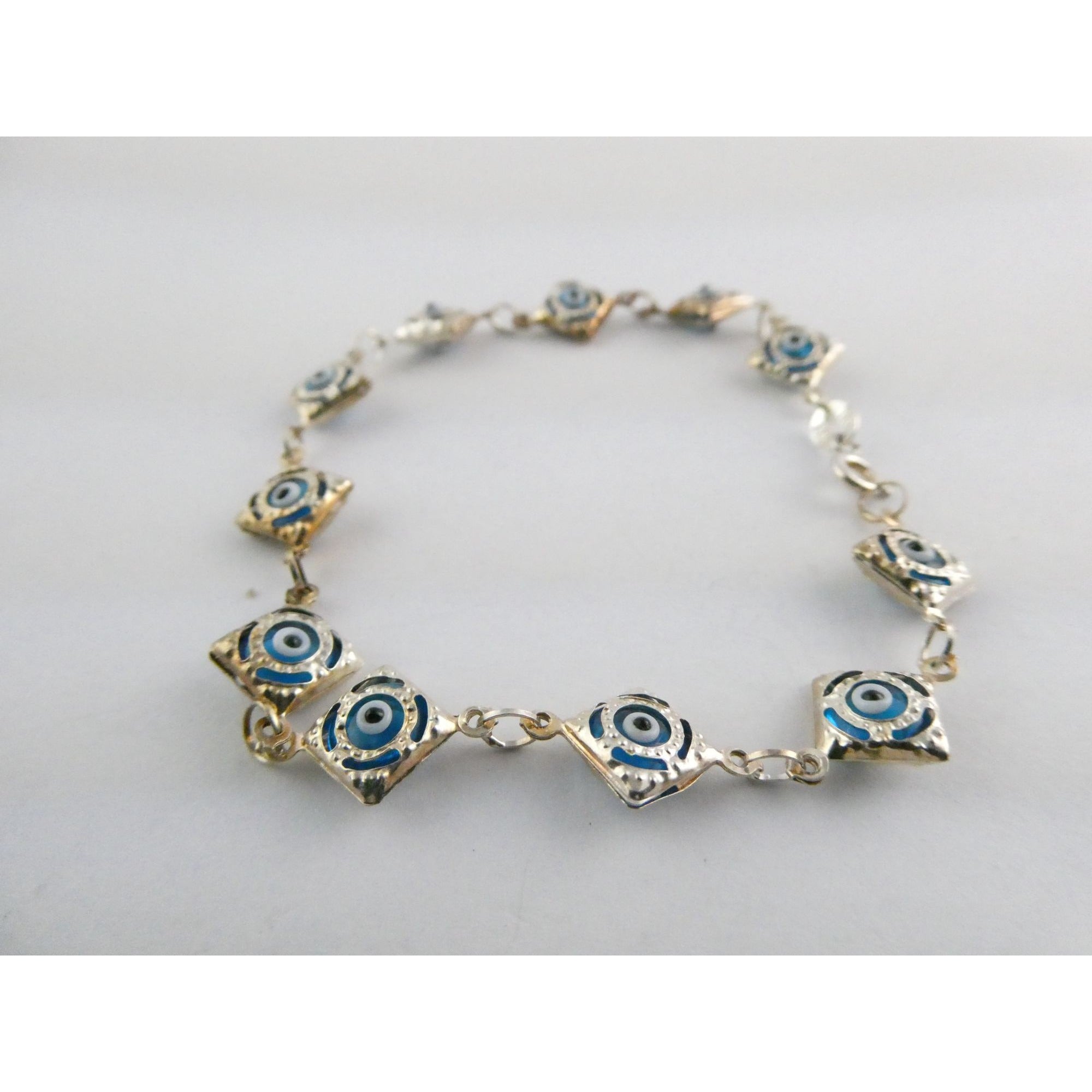 Sterling Silver Blue Glass Evil Eye Link Bracelet 3.8g 7 Inch Length