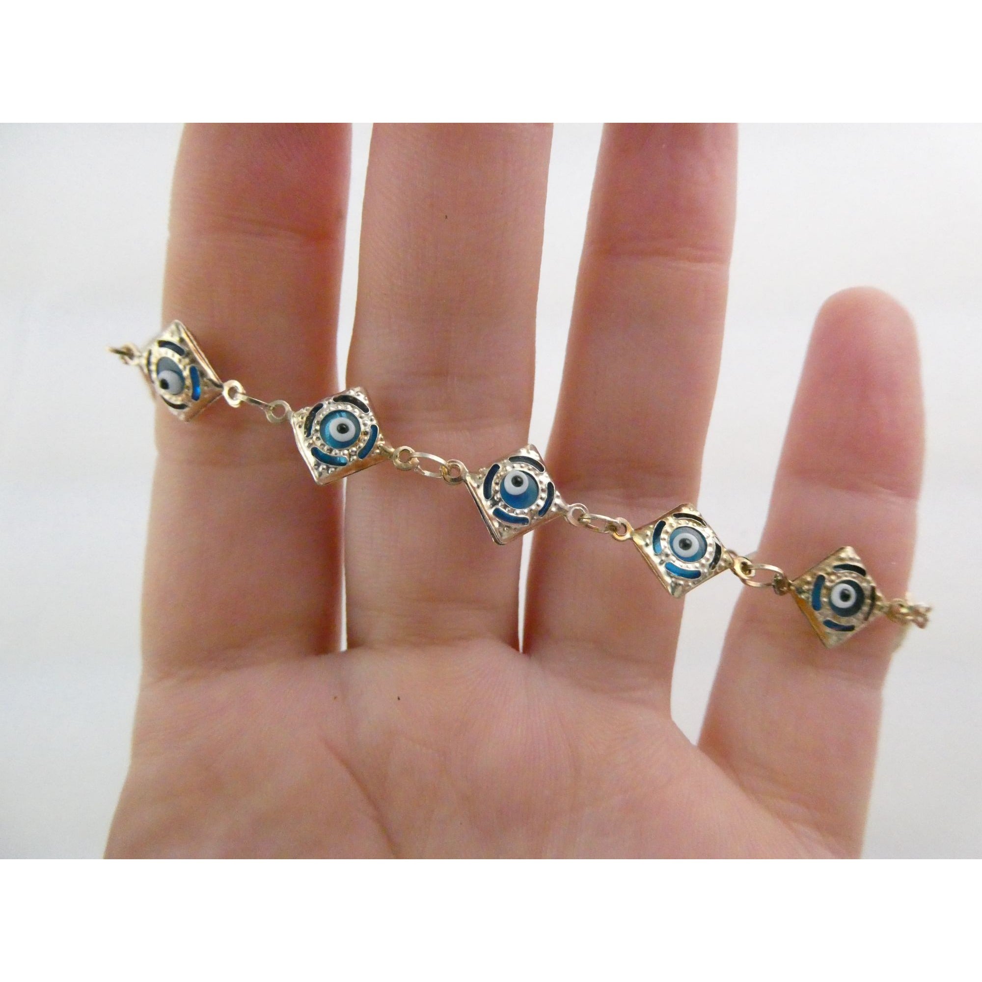 Sterling Silver Blue Glass Evil Eye Link Bracelet 3.8g 7 Inch Length
