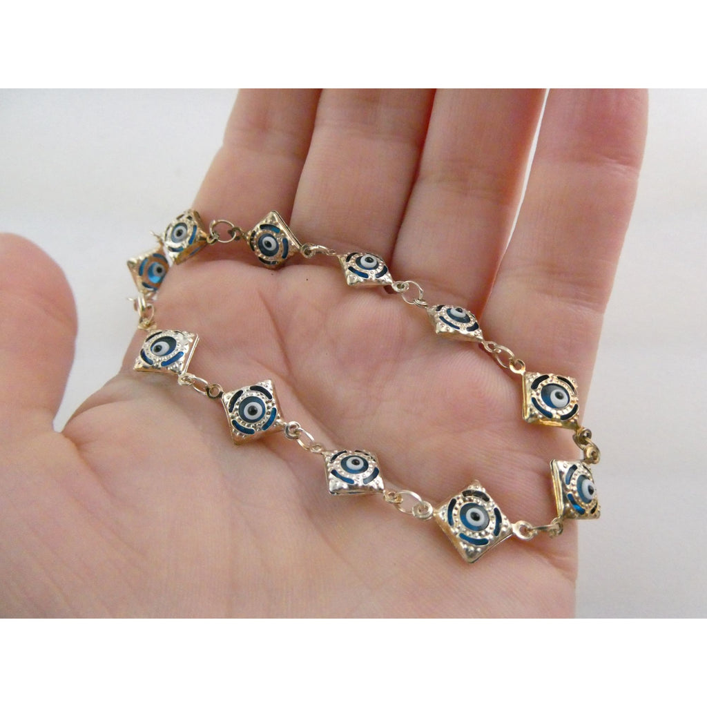 Sterling Silver Blue Glass Evil Eye Link Bracelet 3.8g 7 Inch Length