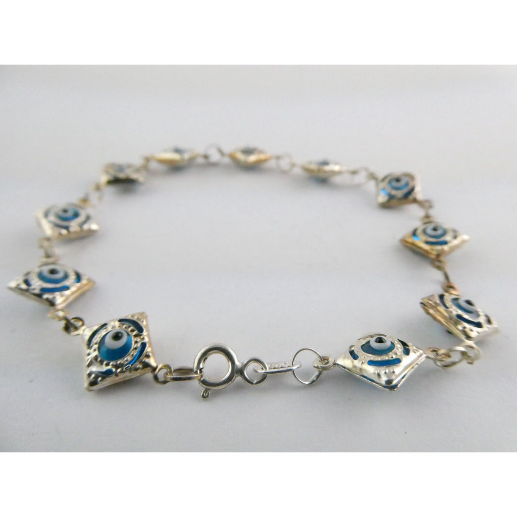 Sterling Silver Blue Glass Evil Eye Link Bracelet 3.8g 7 Inch Length