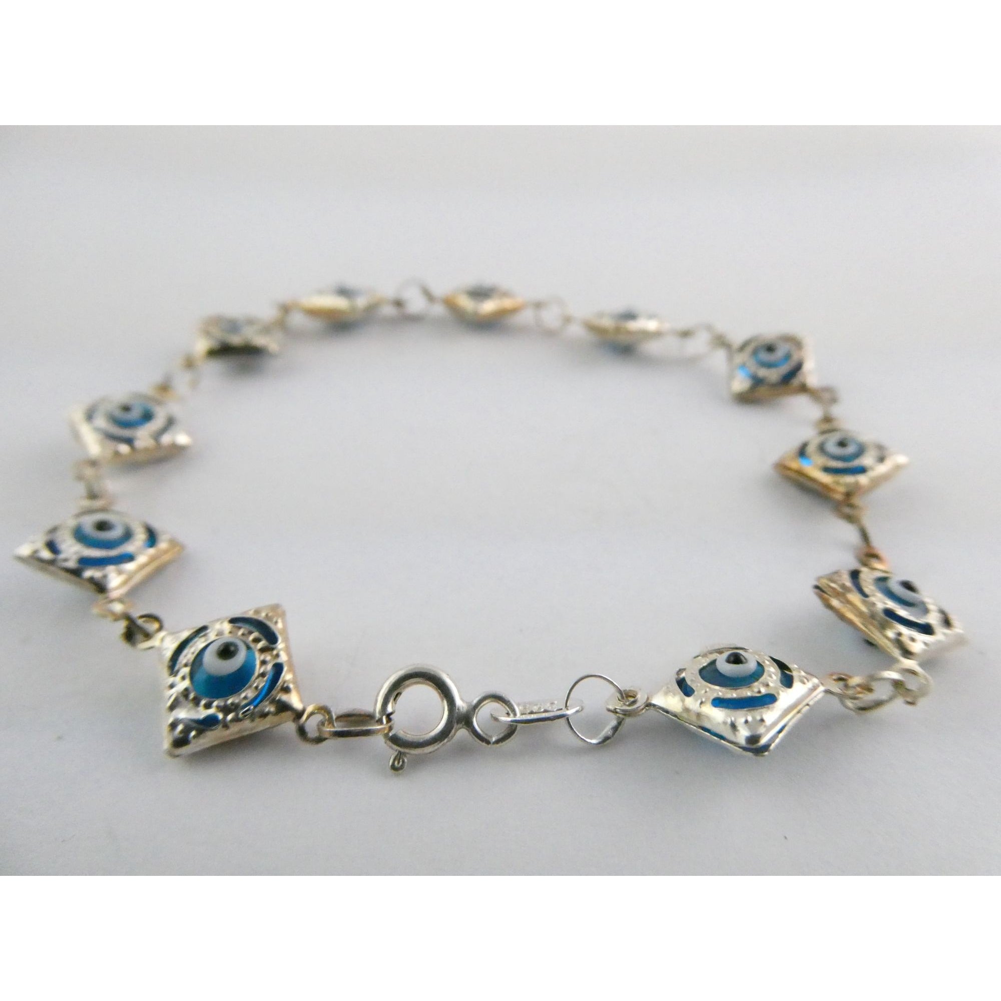 Sterling Silver Blue Glass Evil Eye Link Bracelet 3.8g 7 Inch Length