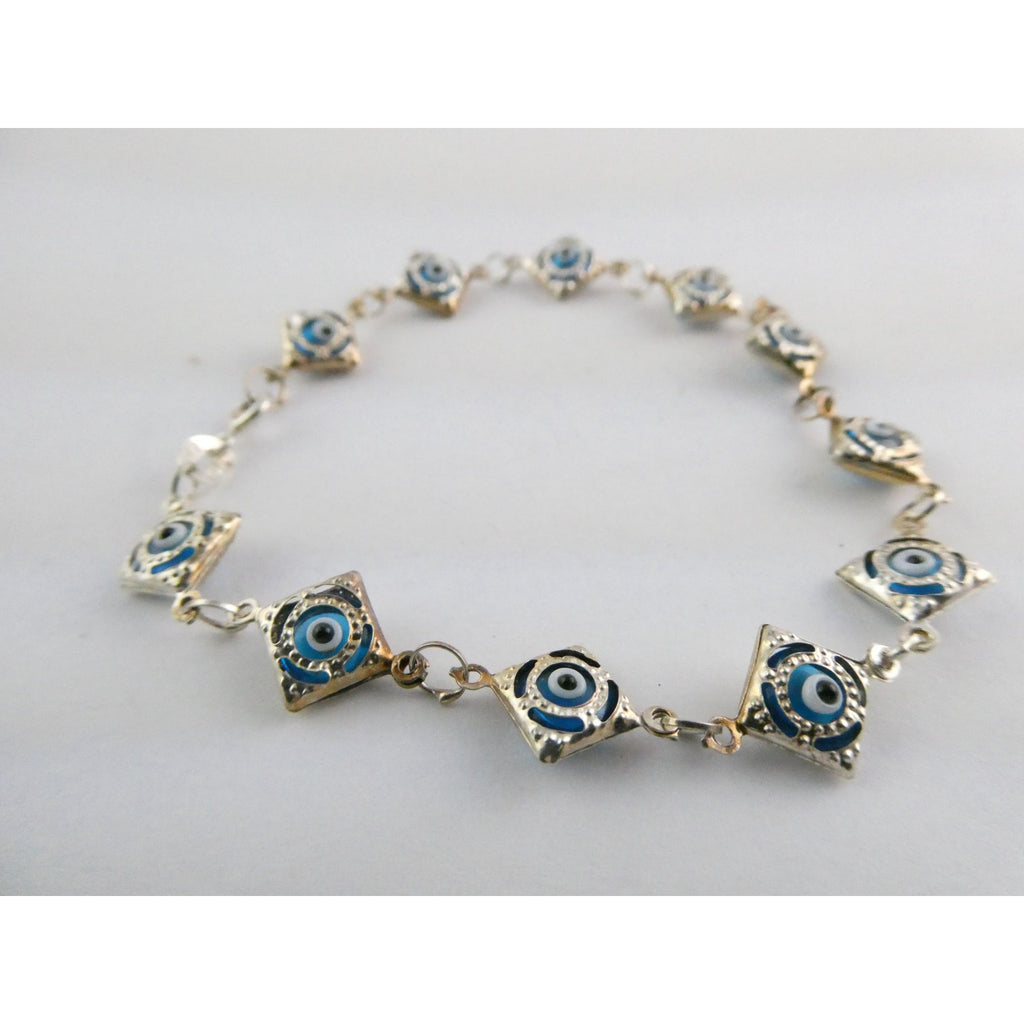 Sterling Silver Blue Glass Evil Eye Link Bracelet 3.8g 7 Inch Length