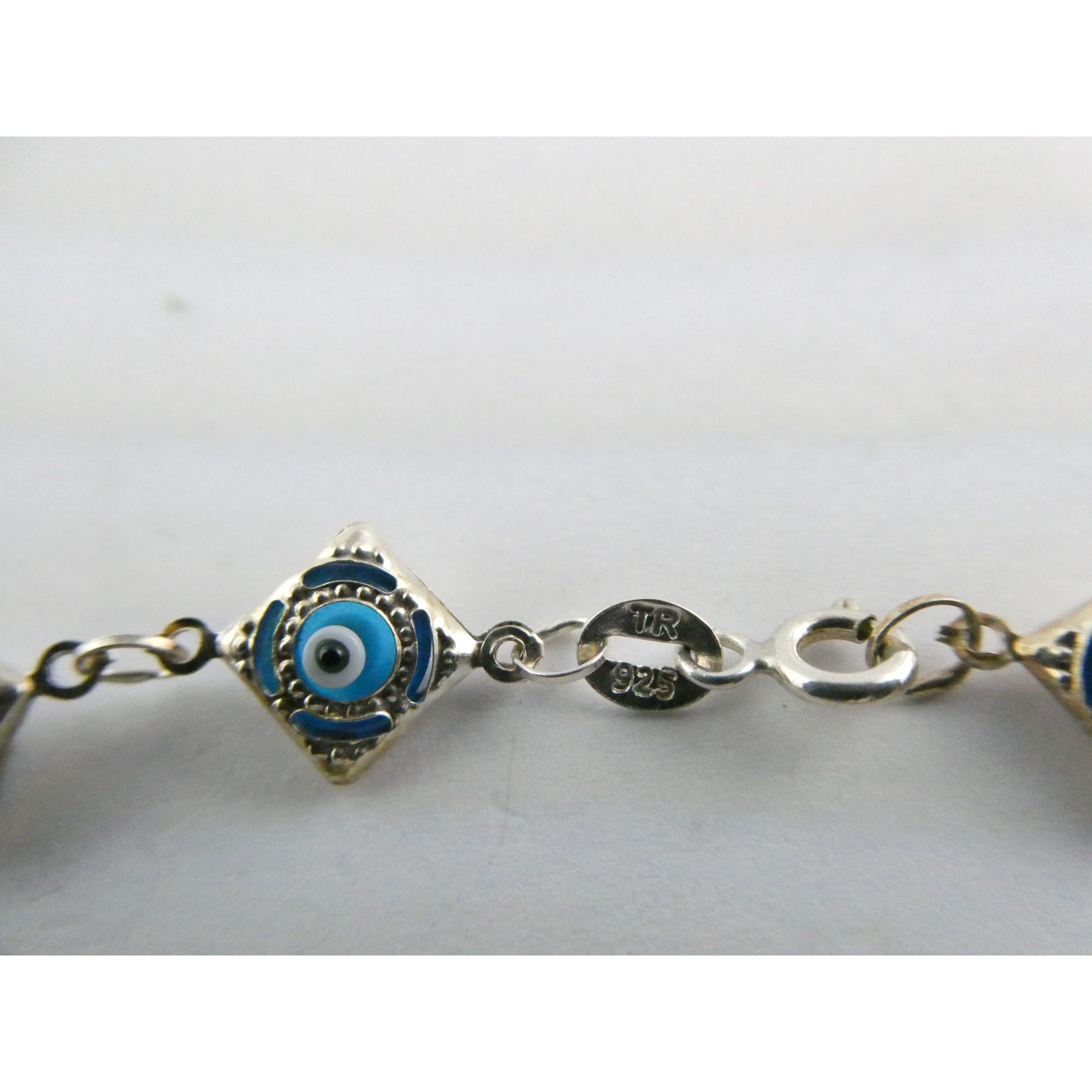Sterling Silver Blue Glass Evil Eye Link Bracelet 3.8g 7 Inch Length