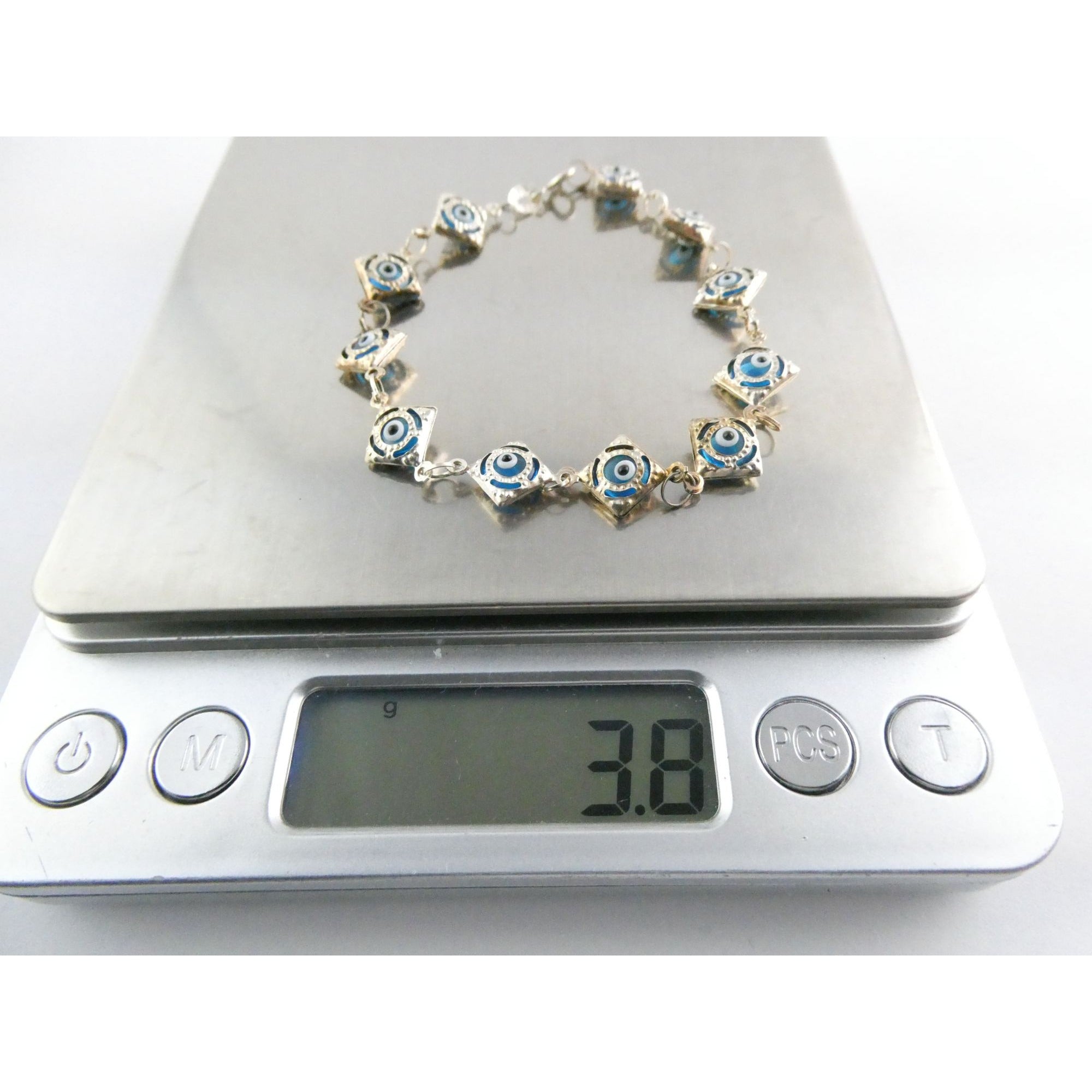 Sterling Silver Blue Glass Evil Eye Link Bracelet 3.8g 7 Inch Length