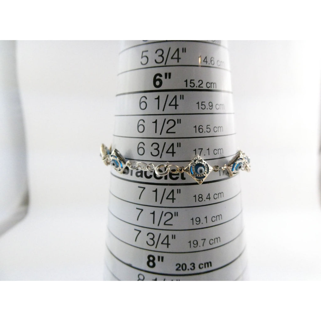 Sterling Silver Blue Glass Evil Eye Link Bracelet 3.8g 7 Inch Length