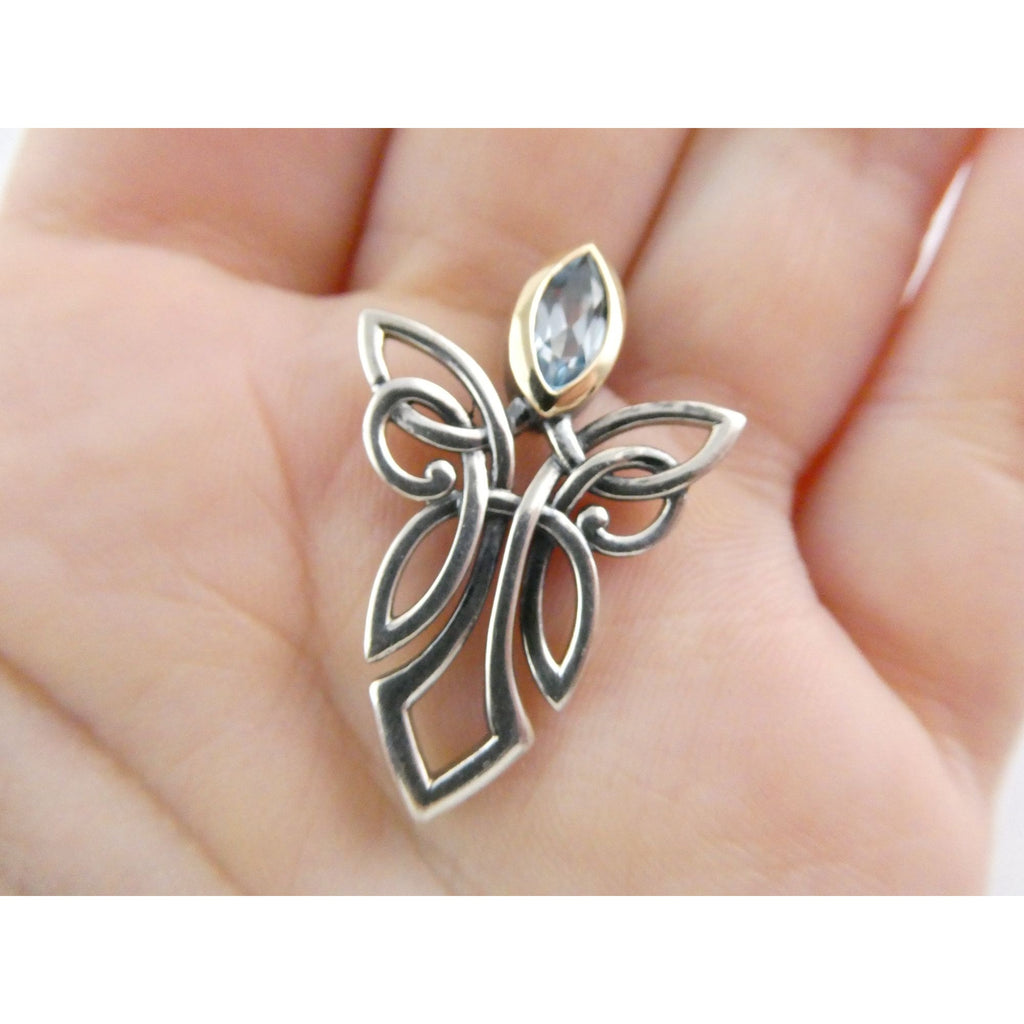 Keith Jack Sterling Silver and 10k Gold Accent Blue Topaz Angel Pendant 925 3.8g