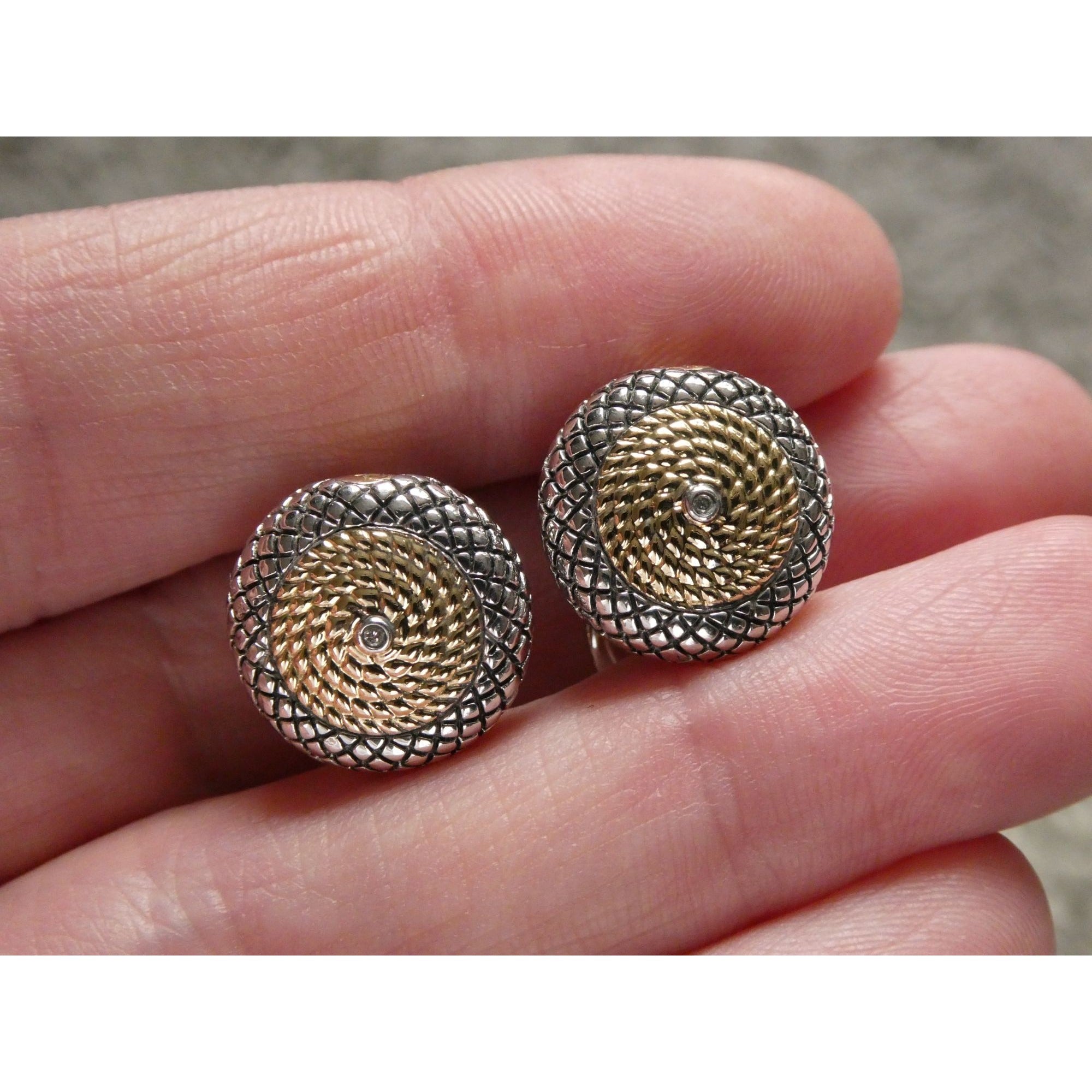 Andrea Candela 18k Gold Sterling Silver Weave Design Pierced Earrings 10g 14mm
