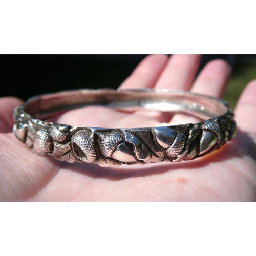 Antique Arts and Crafts Sterling Silver Acorns Oak Leaves Bracelet 8 In Signed