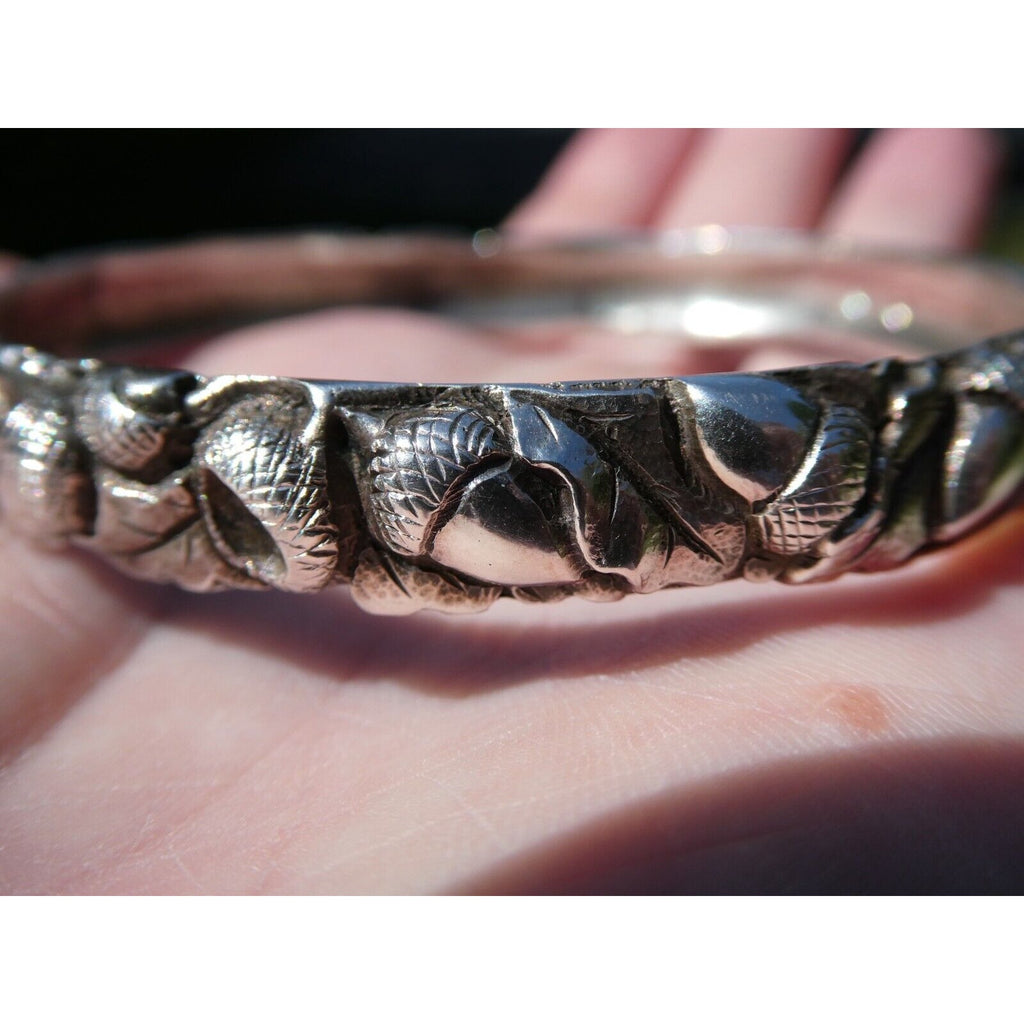 Antique Arts and Crafts Sterling Silver Acorns Oak Leaves Bracelet 8 In Signed