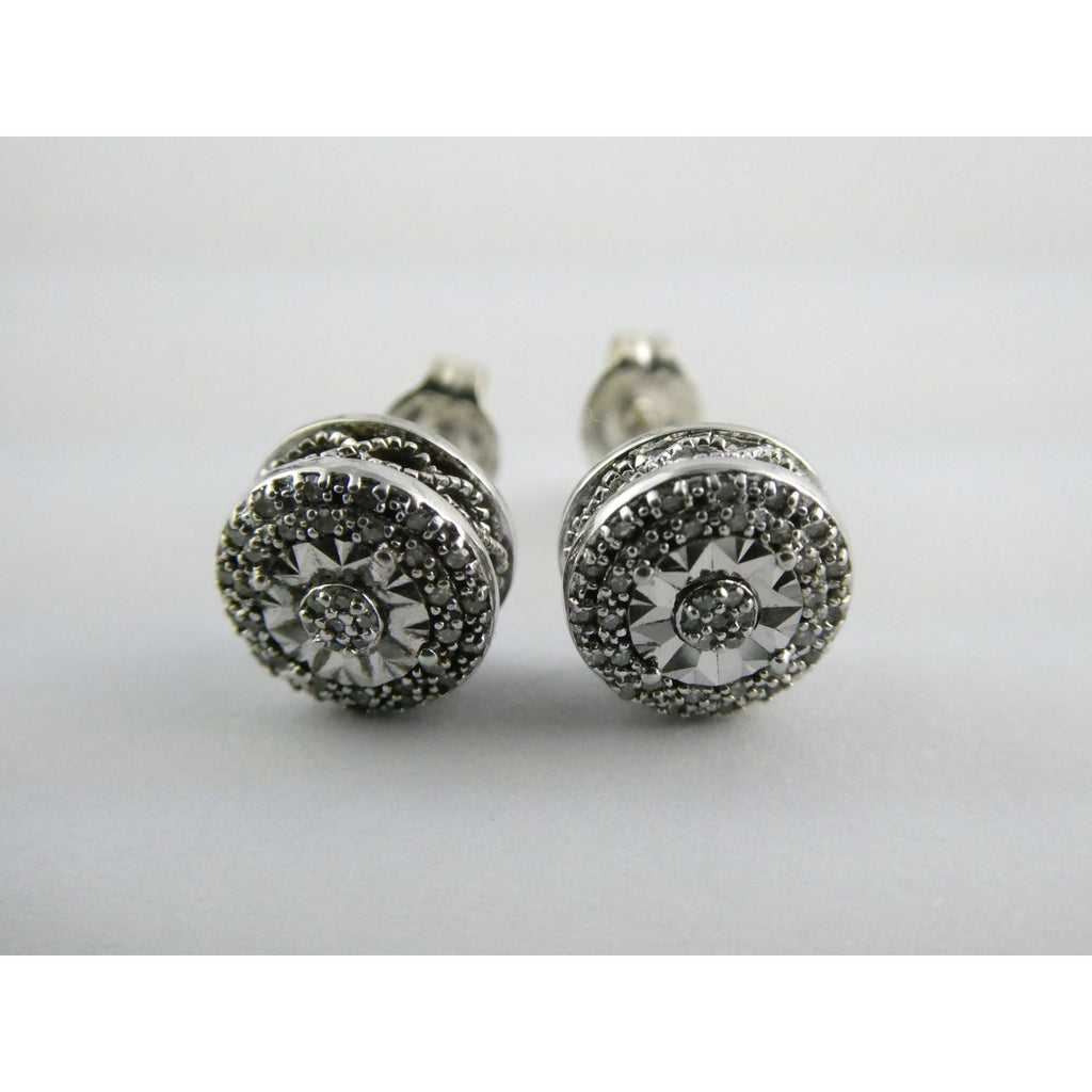 Sterling Silver Natural Melee Diamond Studded Round Earrings 925 2.2g 8.3mm