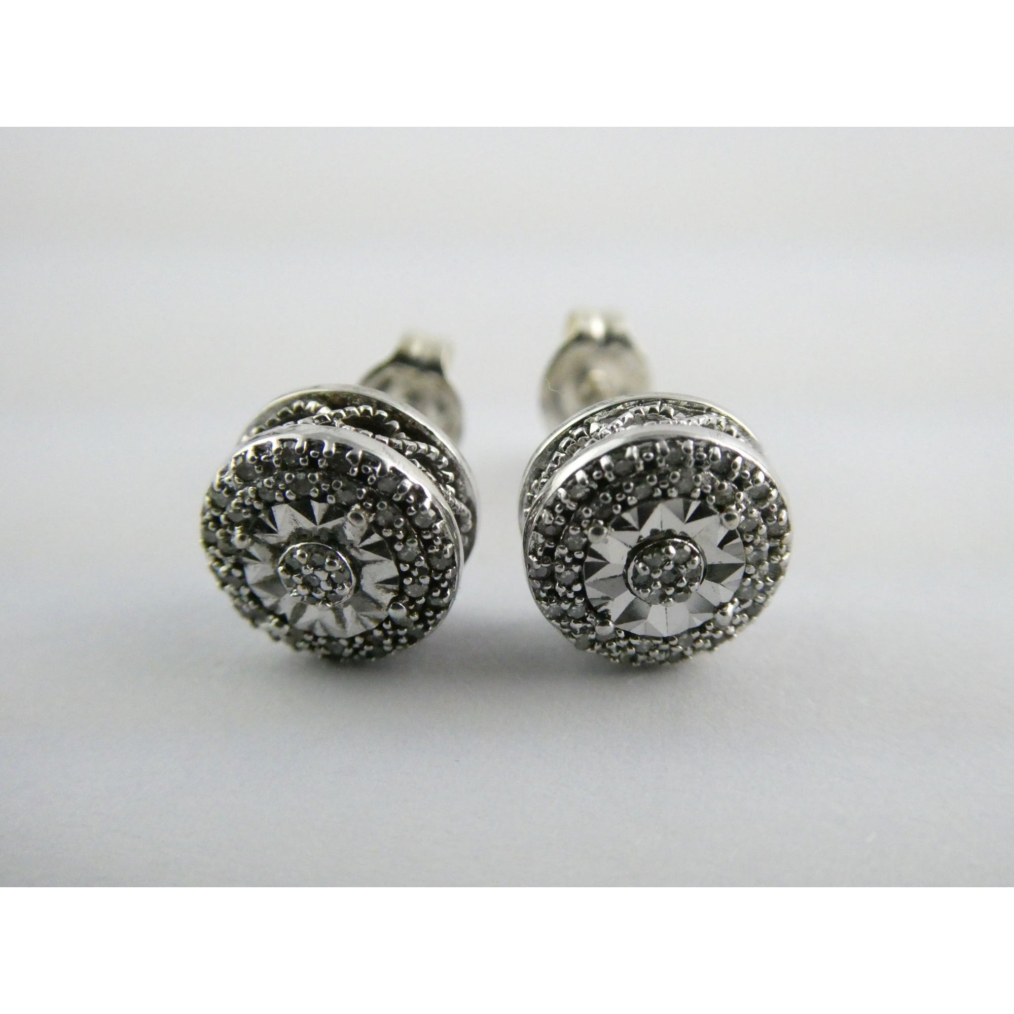 Sterling Silver Natural Melee Diamond Studded Round Earrings 925 2.2g 8.3mm