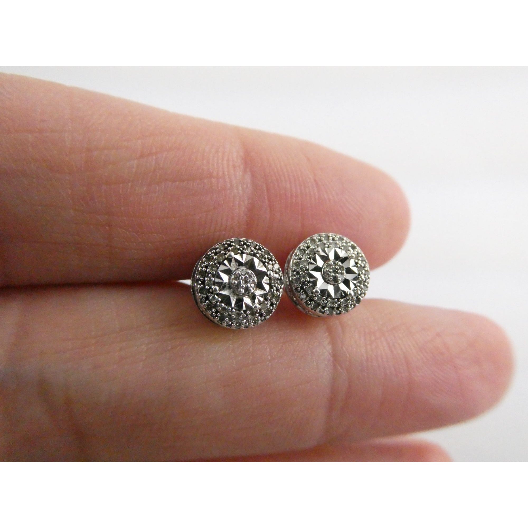 Sterling Silver Natural Melee Diamond Studded Round Earrings 925 2.2g 8.3mm