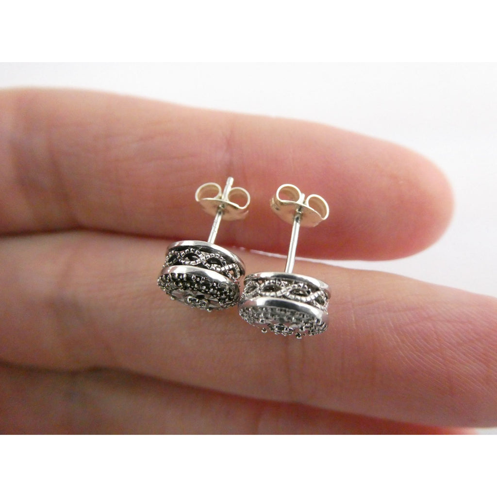 Sterling Silver Natural Melee Diamond Studded Round Earrings 925 2.2g 8.3mm