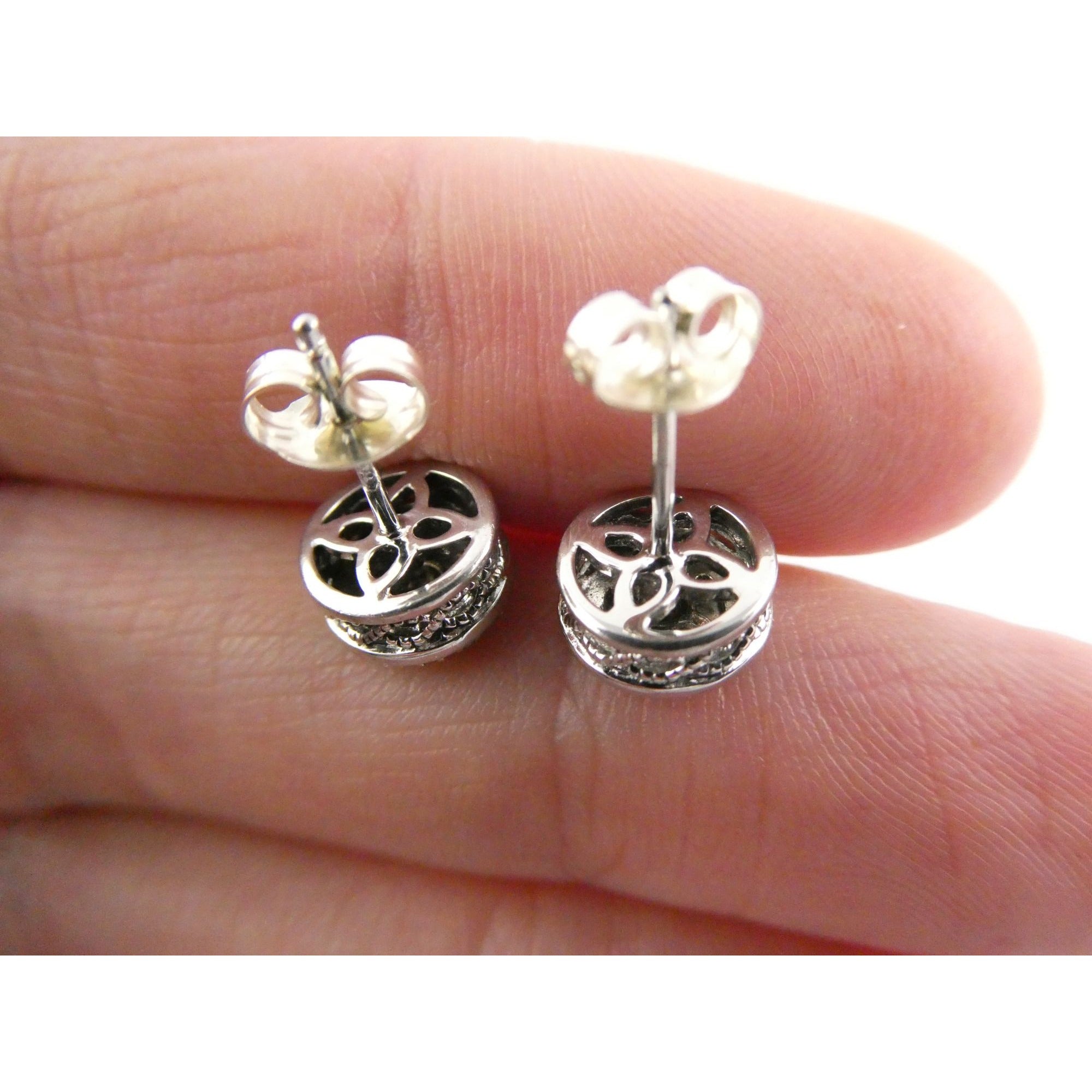 Sterling Silver Natural Melee Diamond Studded Round Earrings 925 2.2g 8.3mm