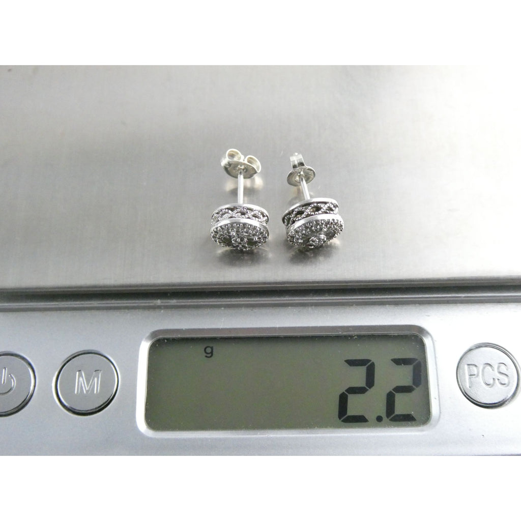 Sterling Silver Natural Melee Diamond Studded Round Earrings 925 2.2g 8.3mm