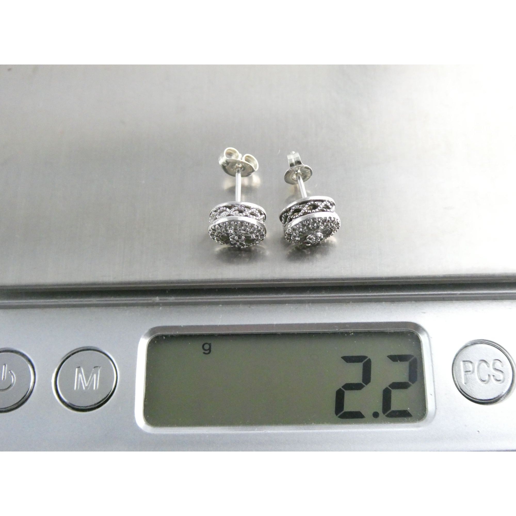 Sterling Silver Natural Melee Diamond Studded Round Earrings 925 2.2g 8.3mm