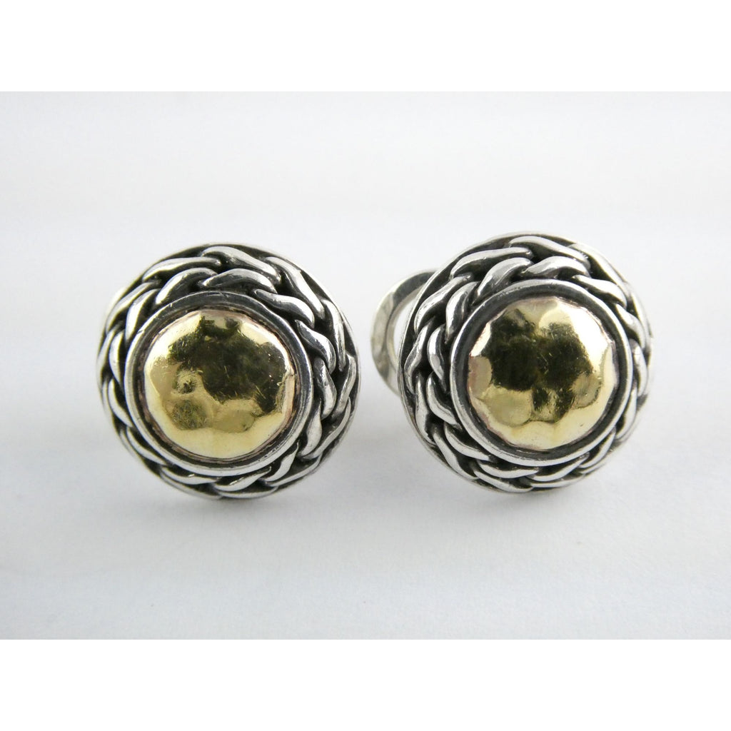 John Hardy Palu Sterling Silver and 22k Gold Round Omega Back Earrings 8g 16mm