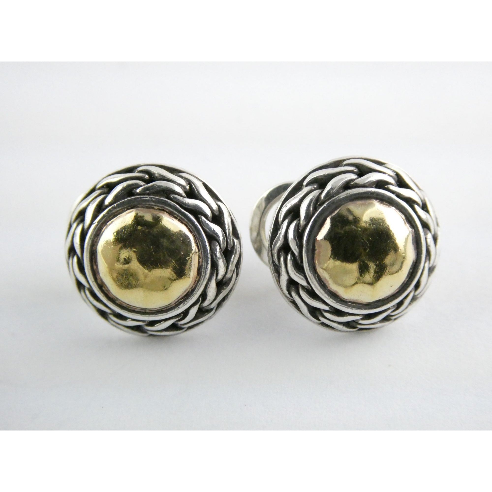 John Hardy Palu Sterling Silver and 22k Gold Round Omega Back Earrings 8g 16mm