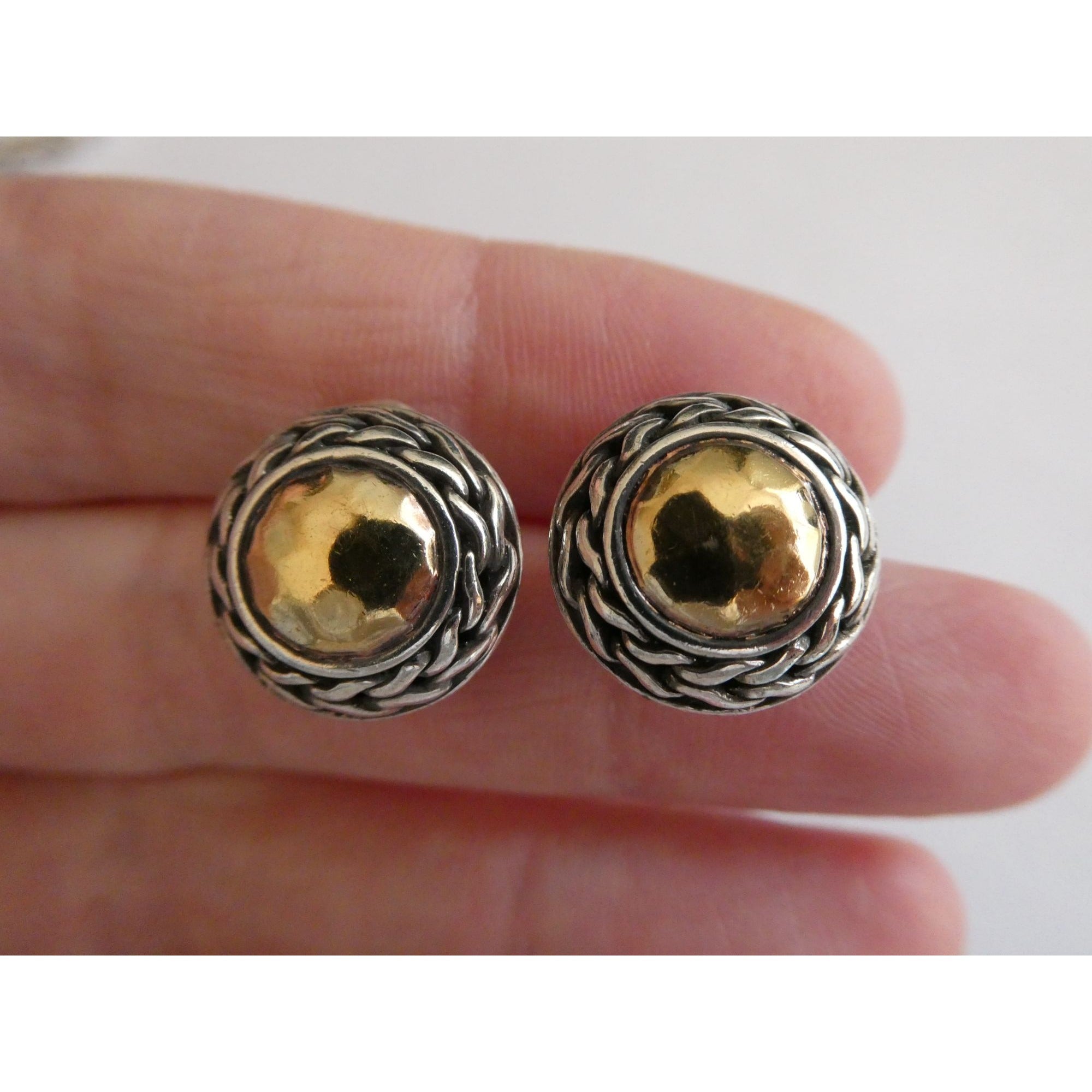 John Hardy Palu Sterling Silver and 22k Gold Round Omega Back Earrings 8g 16mm