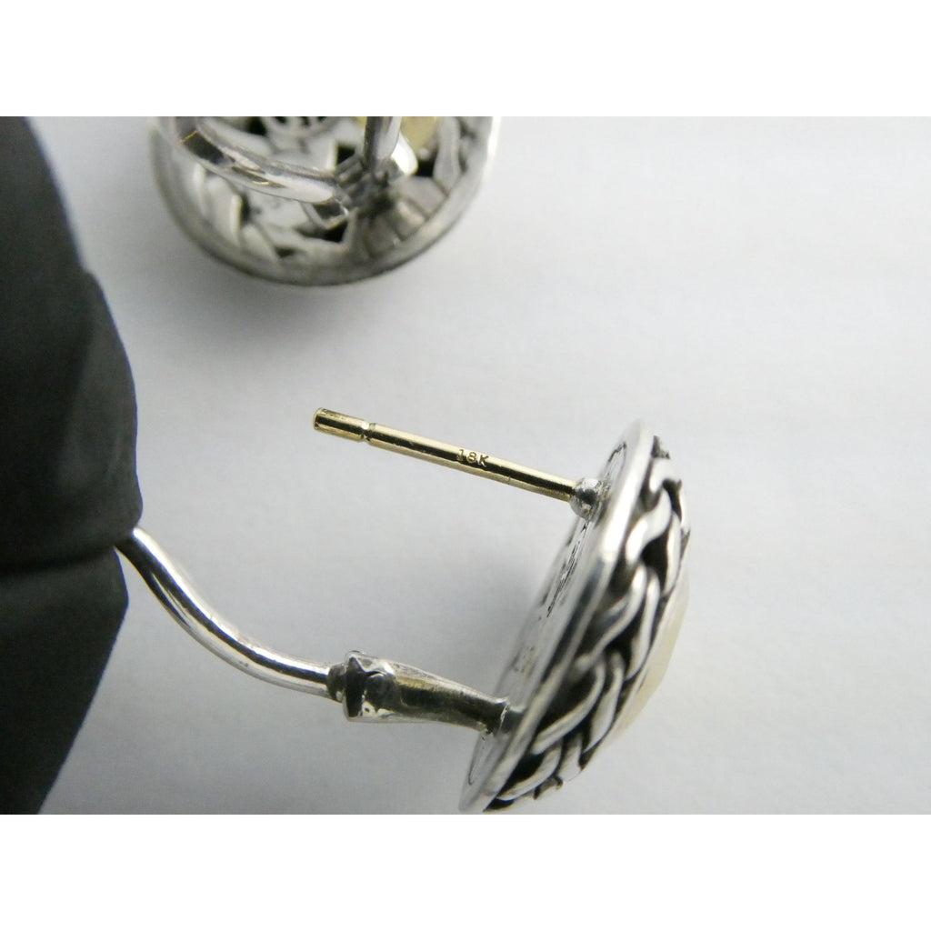 John Hardy Palu Sterling Silver and 22k Gold Round Omega Back Earrings 8g 16mm