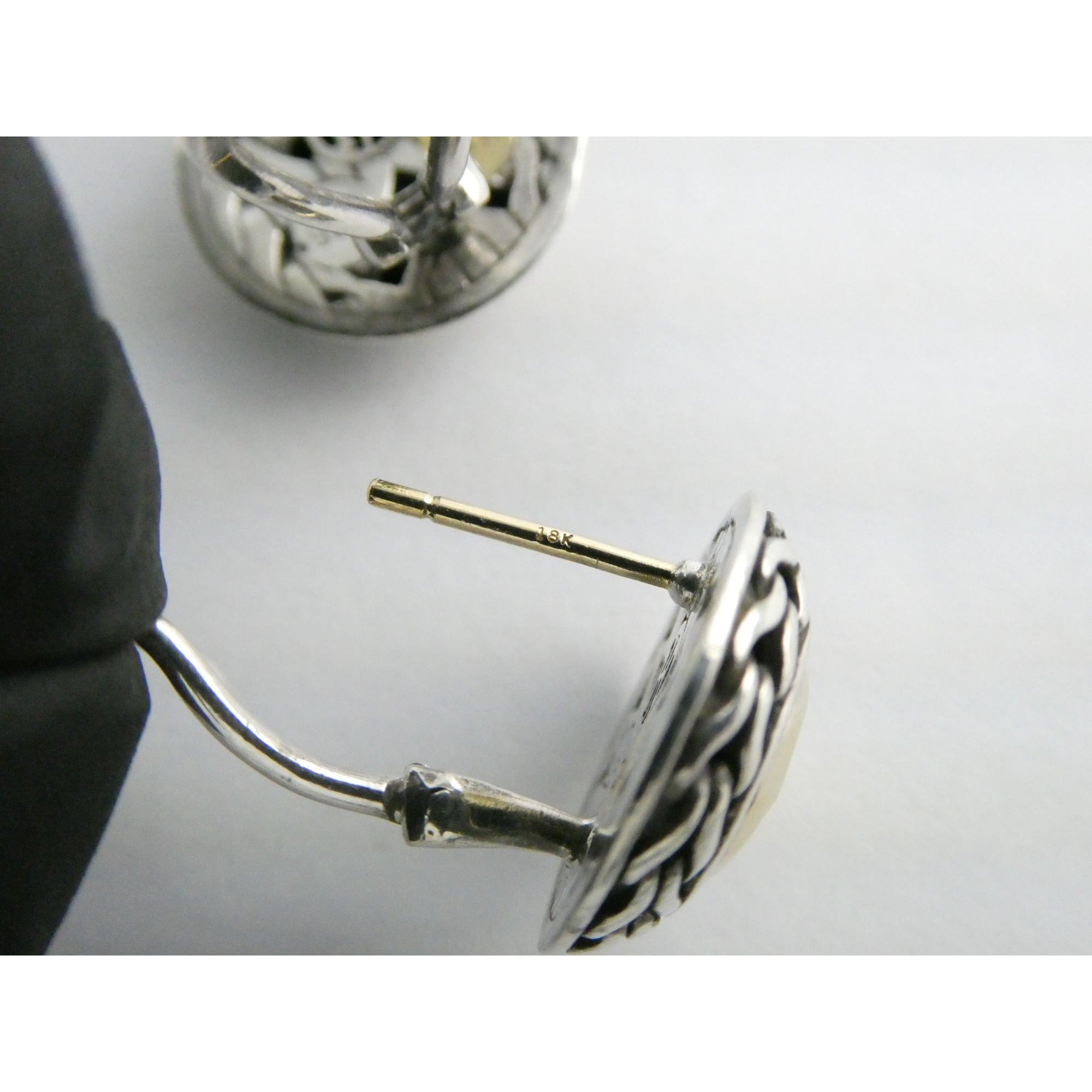 John Hardy Palu Sterling Silver and 22k Gold Round Omega Back Earrings 8g 16mm