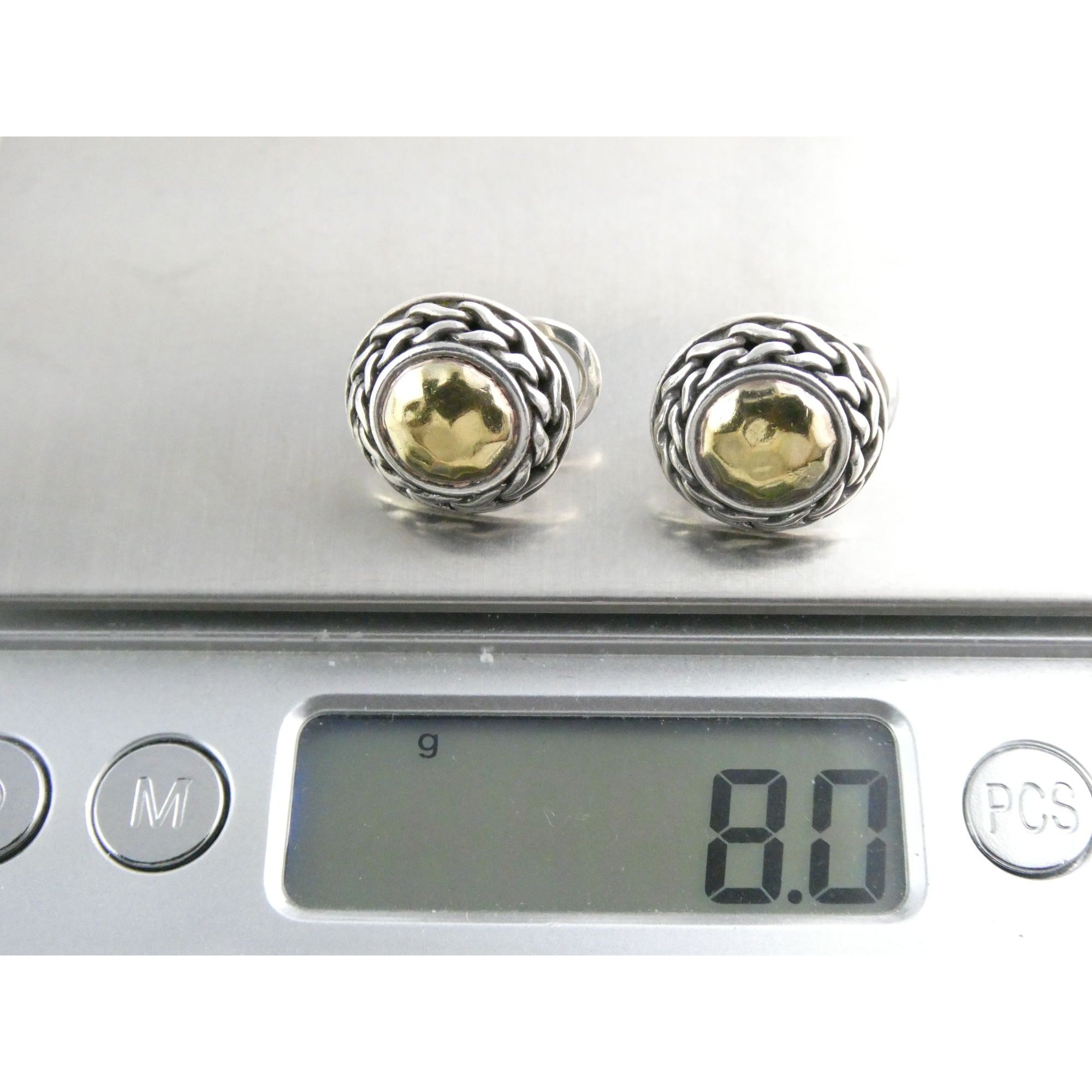 John Hardy Palu Sterling Silver and 22k Gold Round Omega Back Earrings 8g 16mm
