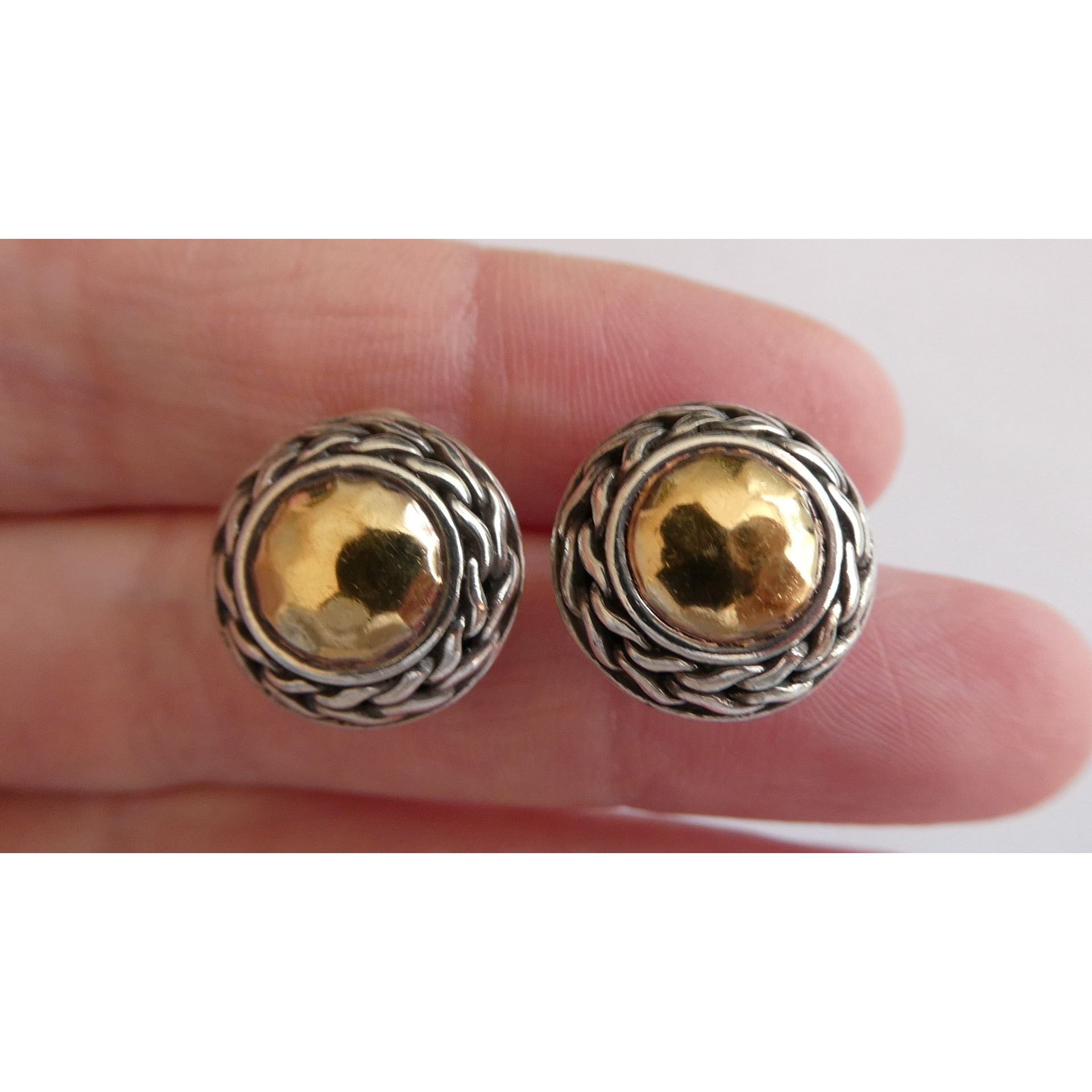 John Hardy Palu Sterling Silver and 22k Gold Round Omega Back Earrings 8g 16mm