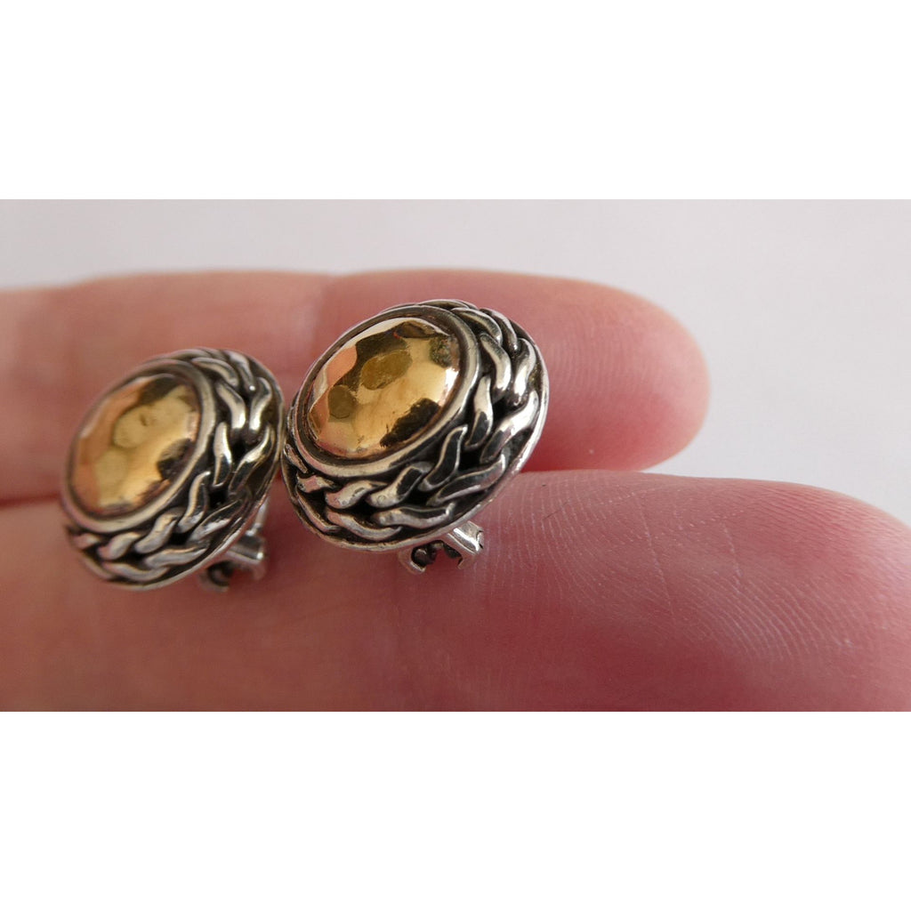 John Hardy Palu Sterling Silver and 22k Gold Round Omega Back Earrings 8g 16mm