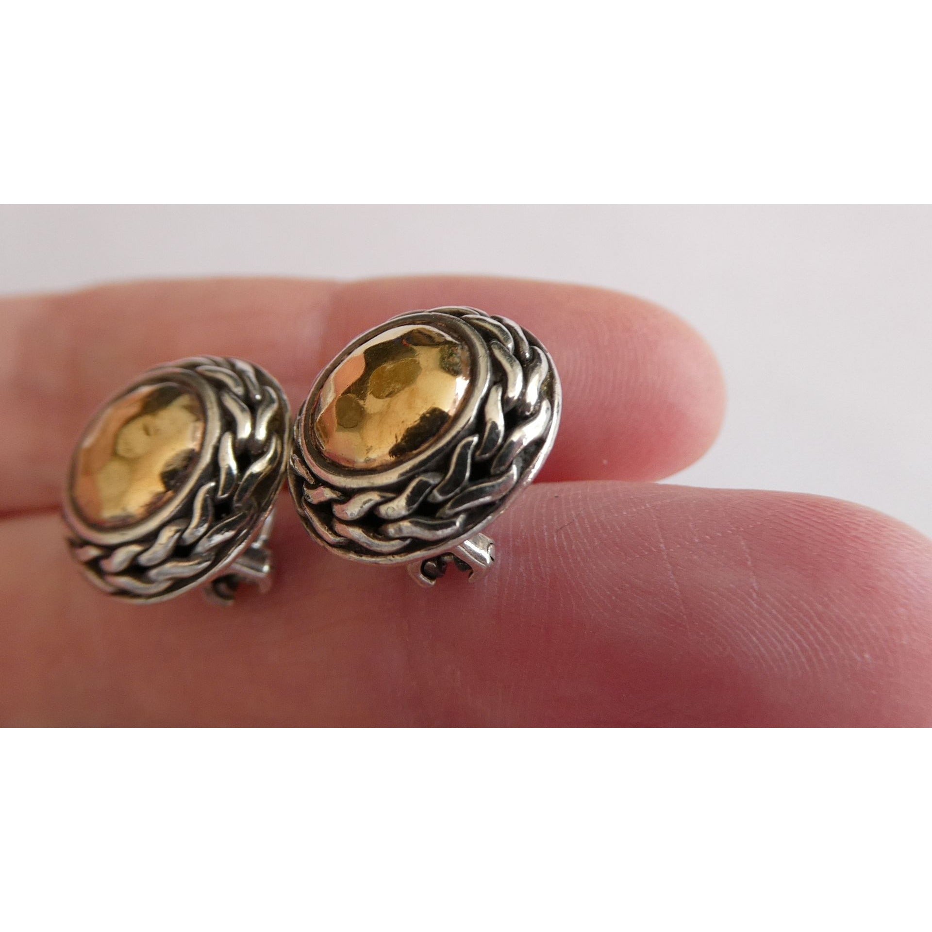 John Hardy Palu Sterling Silver and 22k Gold Round Omega Back Earrings 8g 16mm