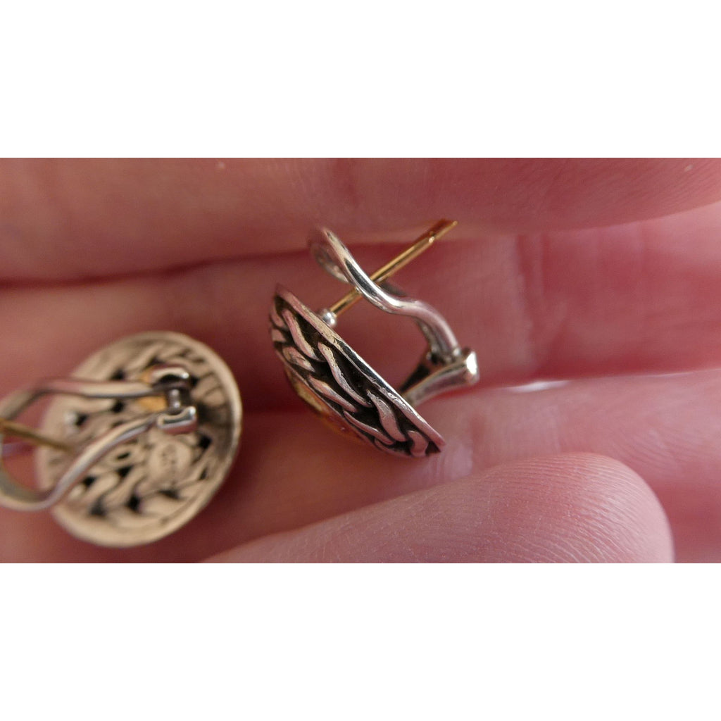 John Hardy Palu Sterling Silver and 22k Gold Round Omega Back Earrings 8g 16mm