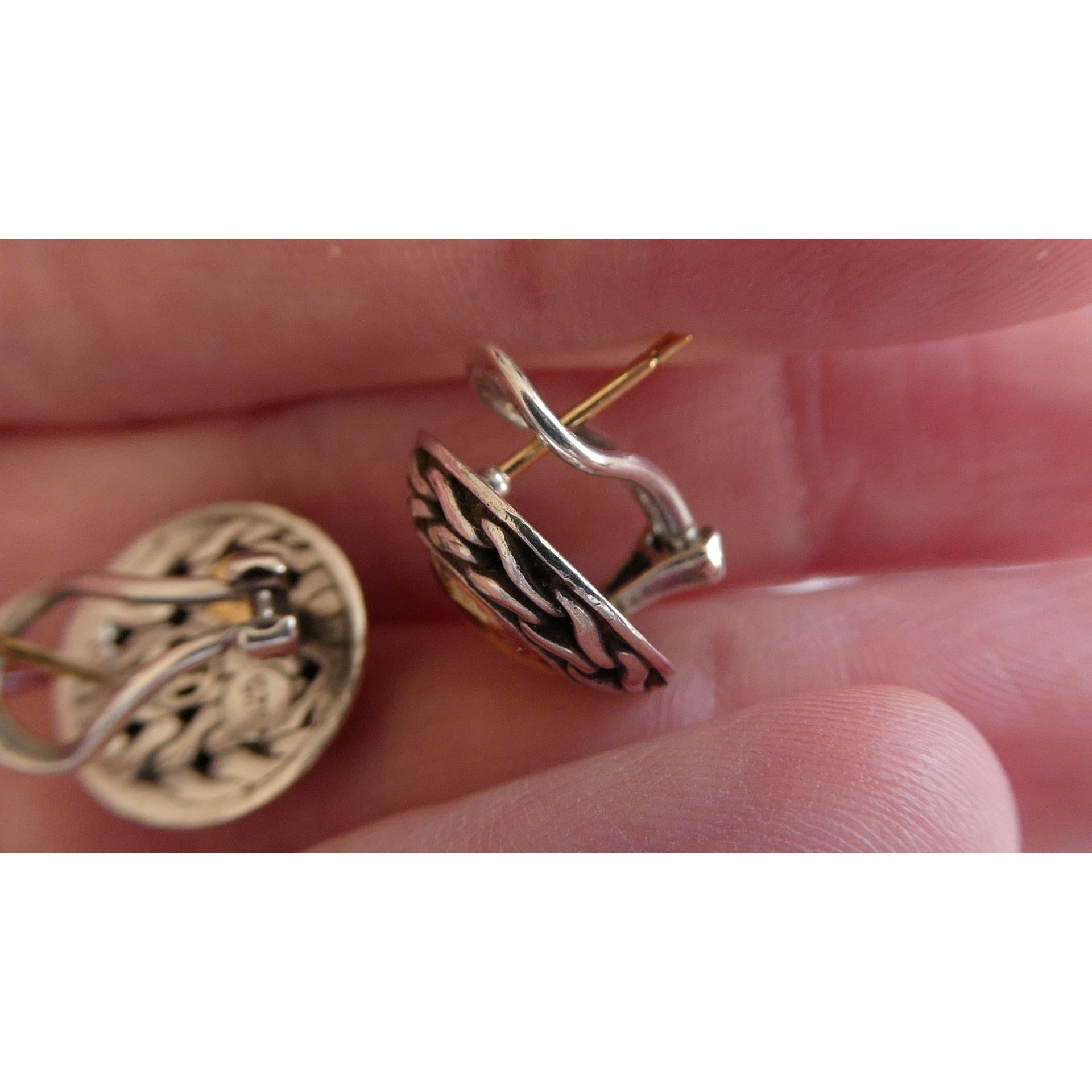 John Hardy Palu Sterling Silver and 22k Gold Round Omega Back Earrings 8g 16mm