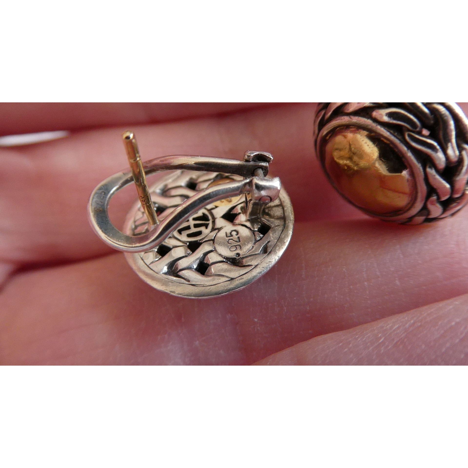 John Hardy Palu Sterling Silver and 22k Gold Round Omega Back Earrings 8g 16mm