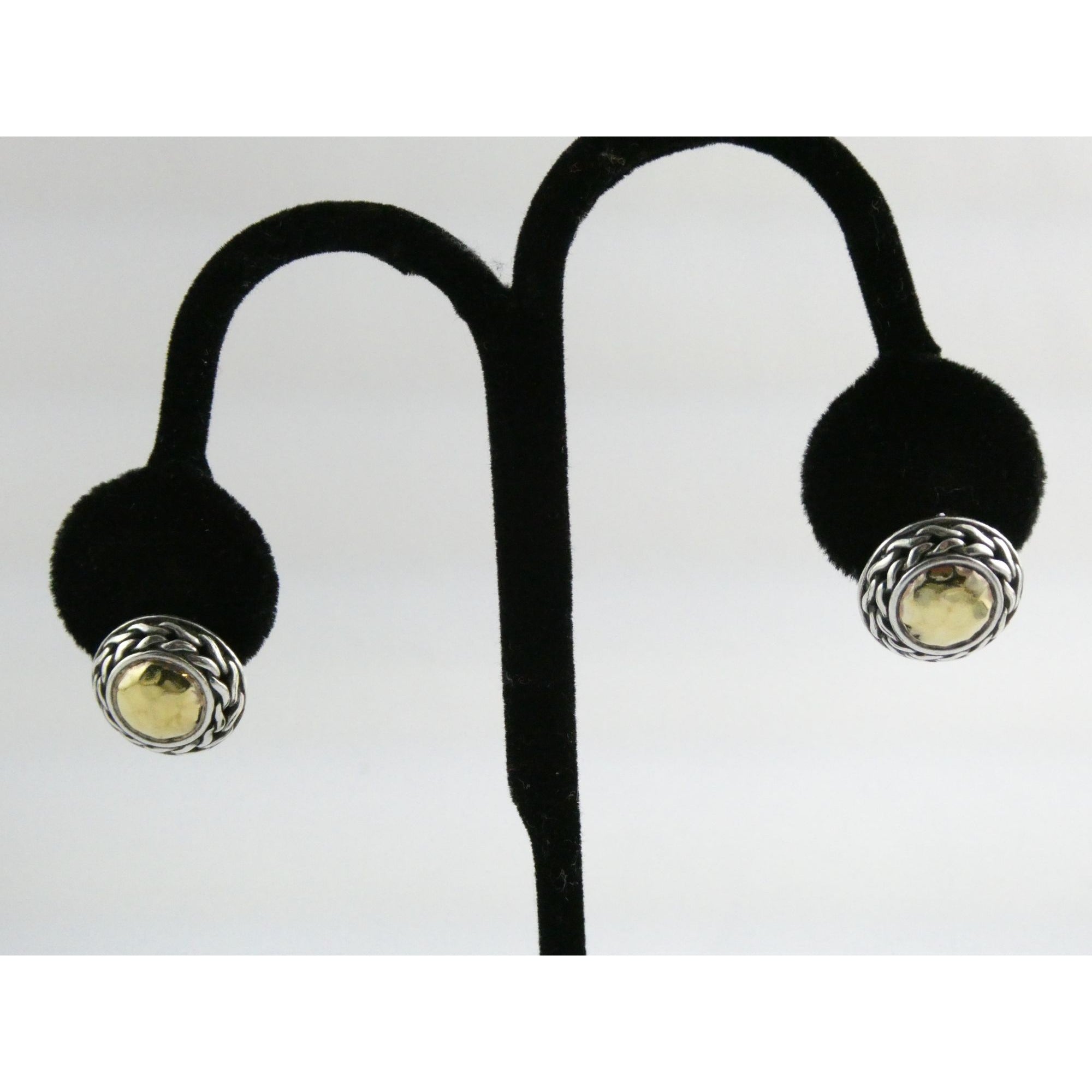 John Hardy Palu Sterling Silver and 22k Gold Round Omega Back Earrings 8g 16mm