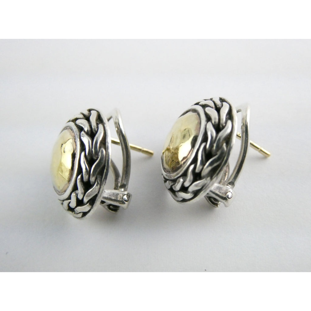 John Hardy Palu Sterling Silver and 22k Gold Round Omega Back Earrings 8g 16mm