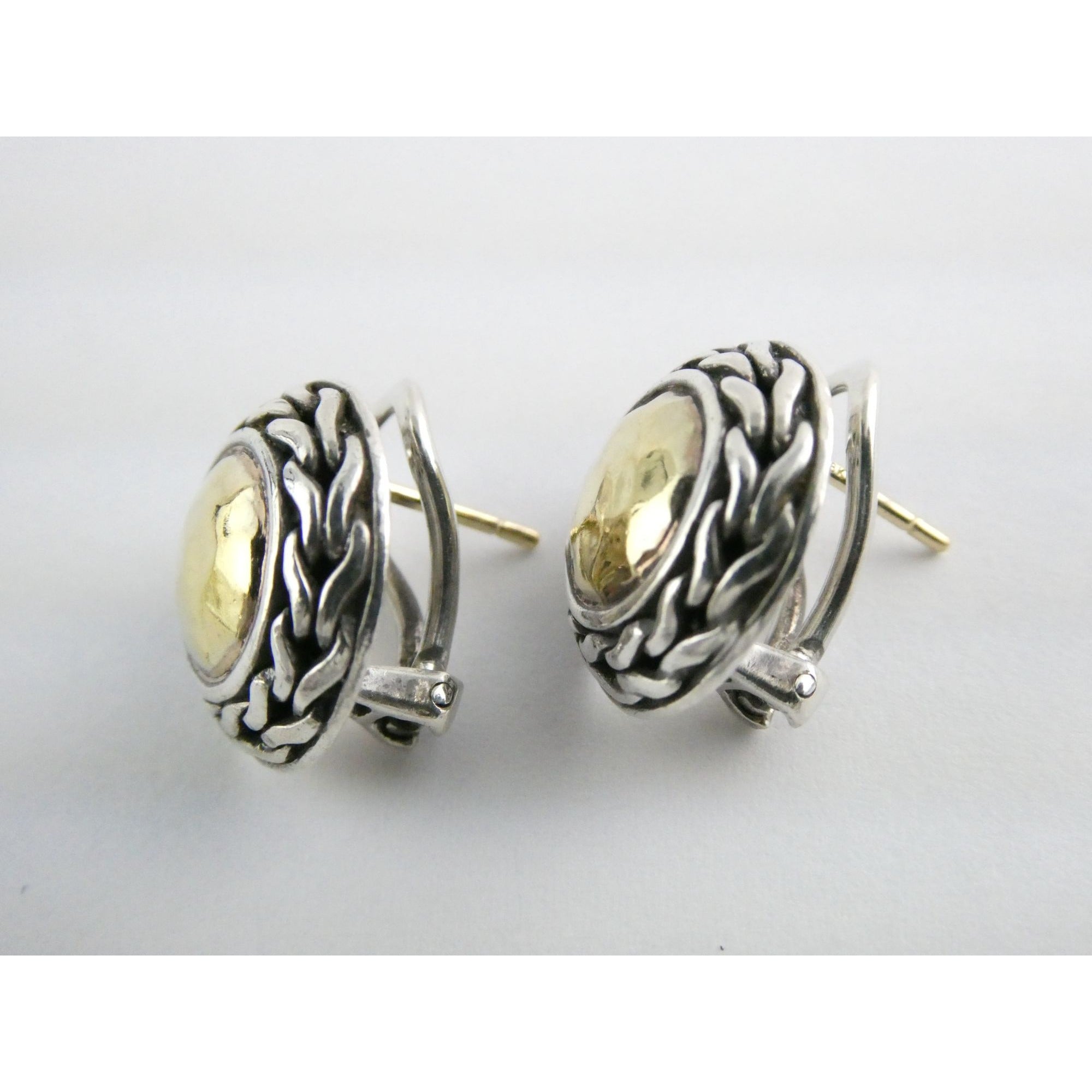 John Hardy Palu Sterling Silver and 22k Gold Round Omega Back Earrings 8g 16mm