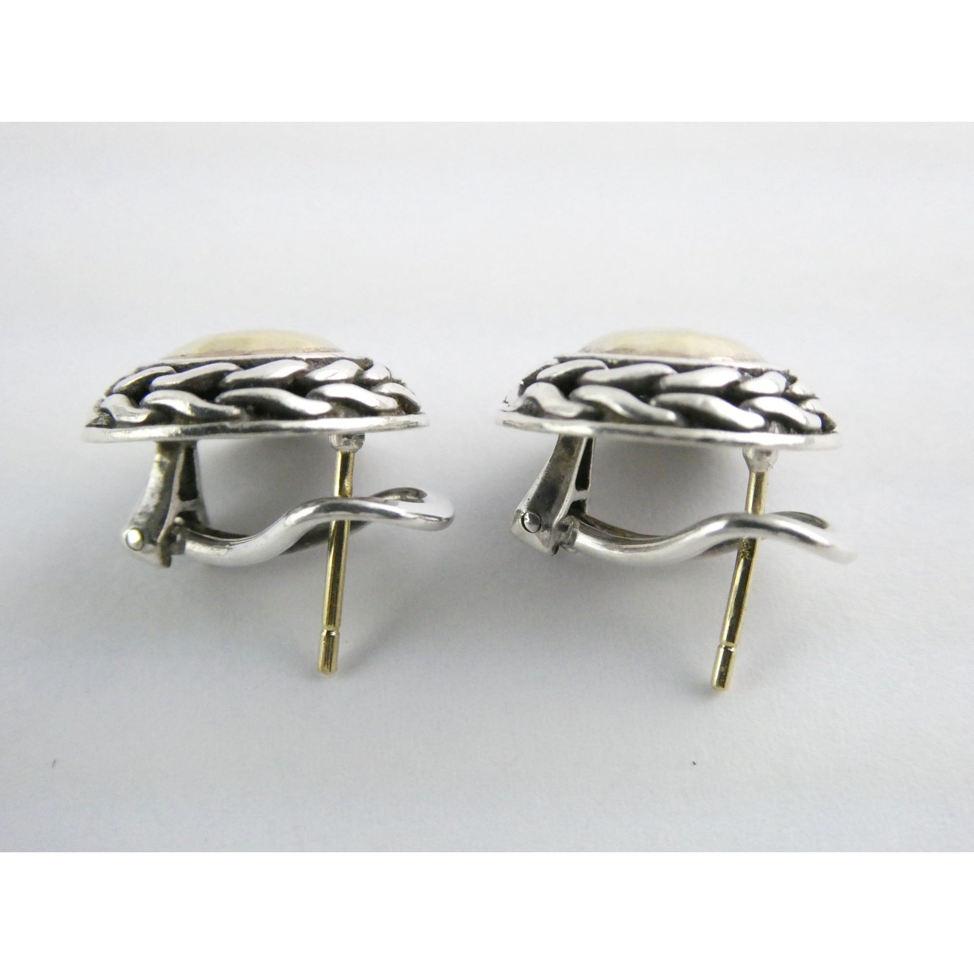 John Hardy Palu Sterling Silver and 22k Gold Round Omega Back Earrings 8g 16mm