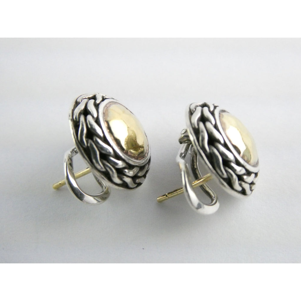 John Hardy Palu Sterling Silver and 22k Gold Round Omega Back Earrings 8g 16mm