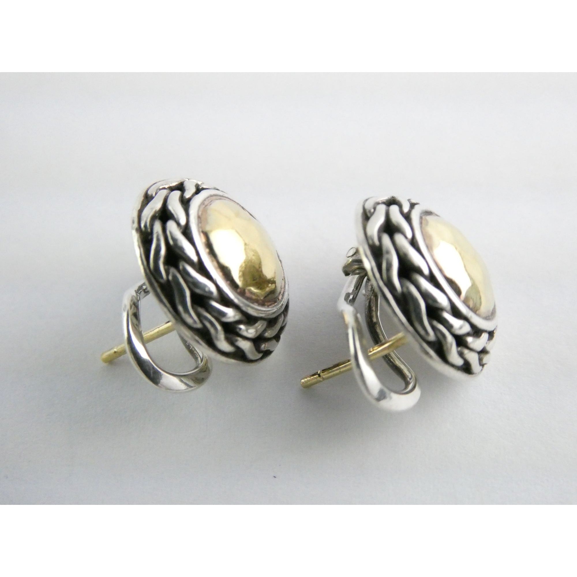 John Hardy Palu Sterling Silver and 22k Gold Round Omega Back Earrings 8g 16mm