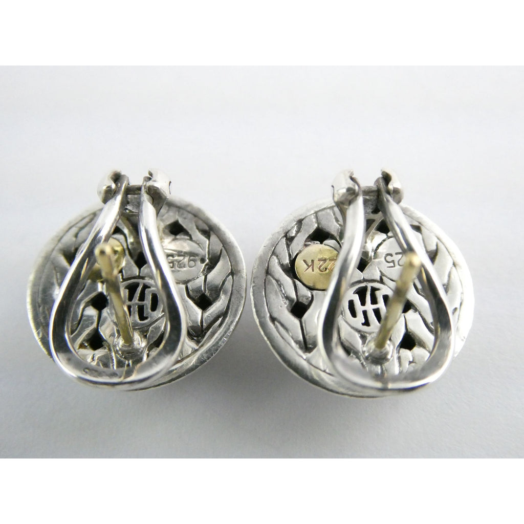 John Hardy Palu Sterling Silver and 22k Gold Round Omega Back Earrings 8g 16mm