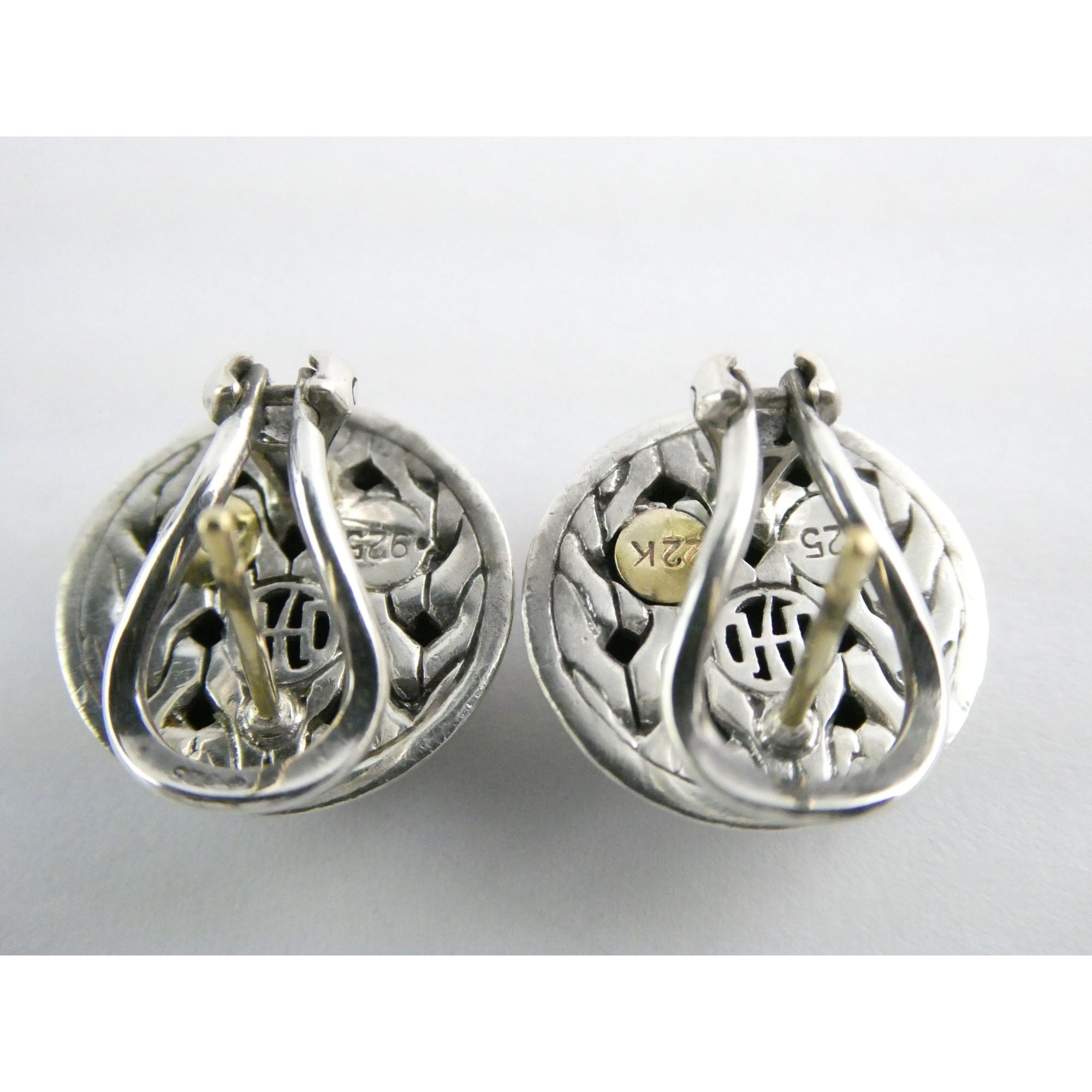 John Hardy Palu Sterling Silver and 22k Gold Round Omega Back Earrings 8g 16mm