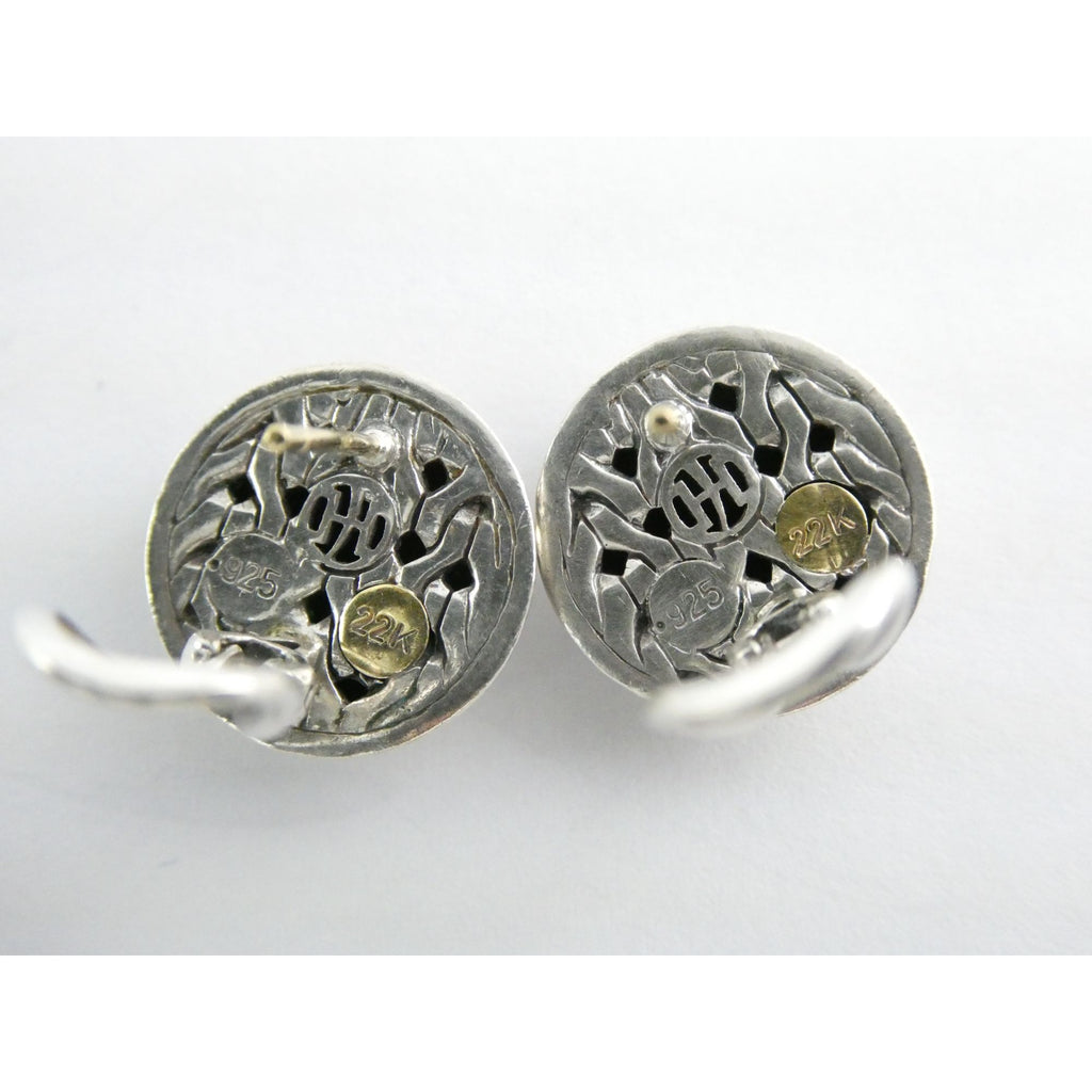 John Hardy Palu Sterling Silver and 22k Gold Round Omega Back Earrings 8g 16mm