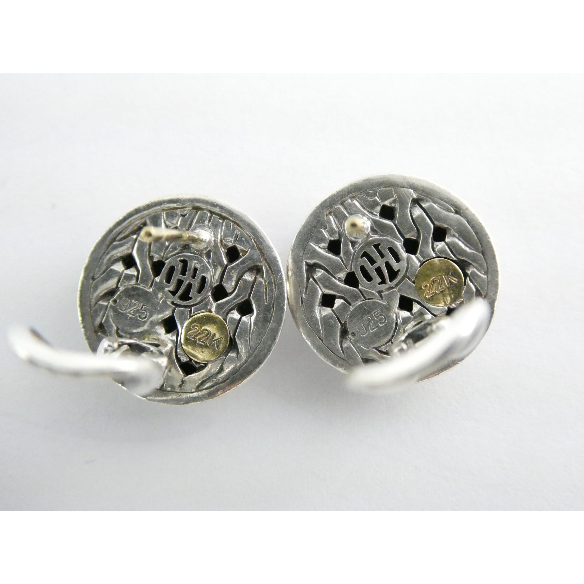 John Hardy Palu Sterling Silver and 22k Gold Round Omega Back Earrings 8g 16mm