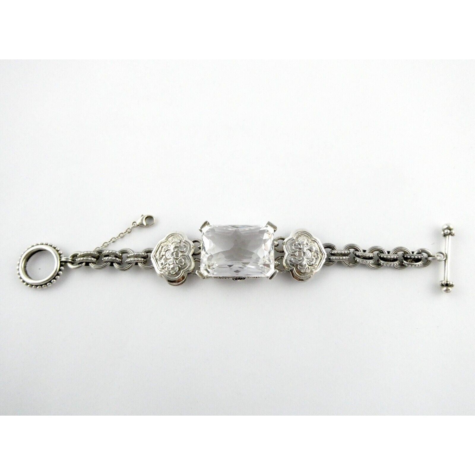 Stephen Dweck Sterling Silver Ornate Faceted Rock Crystal Quartz Bracelet 6.5 In