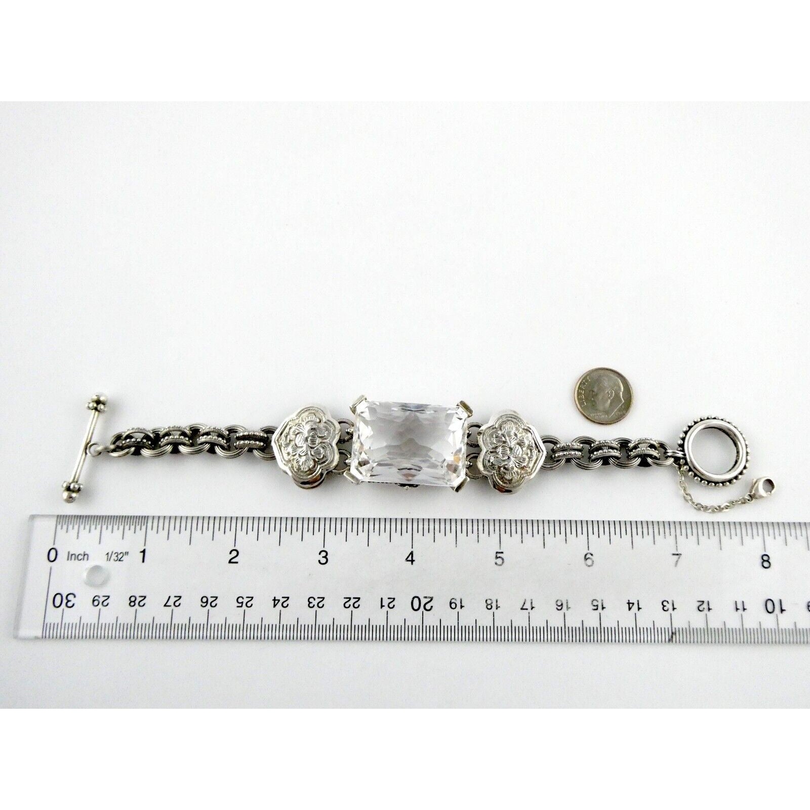 Stephen Dweck Sterling Silver Ornate Faceted Rock Crystal Quartz Bracelet 6.5 In