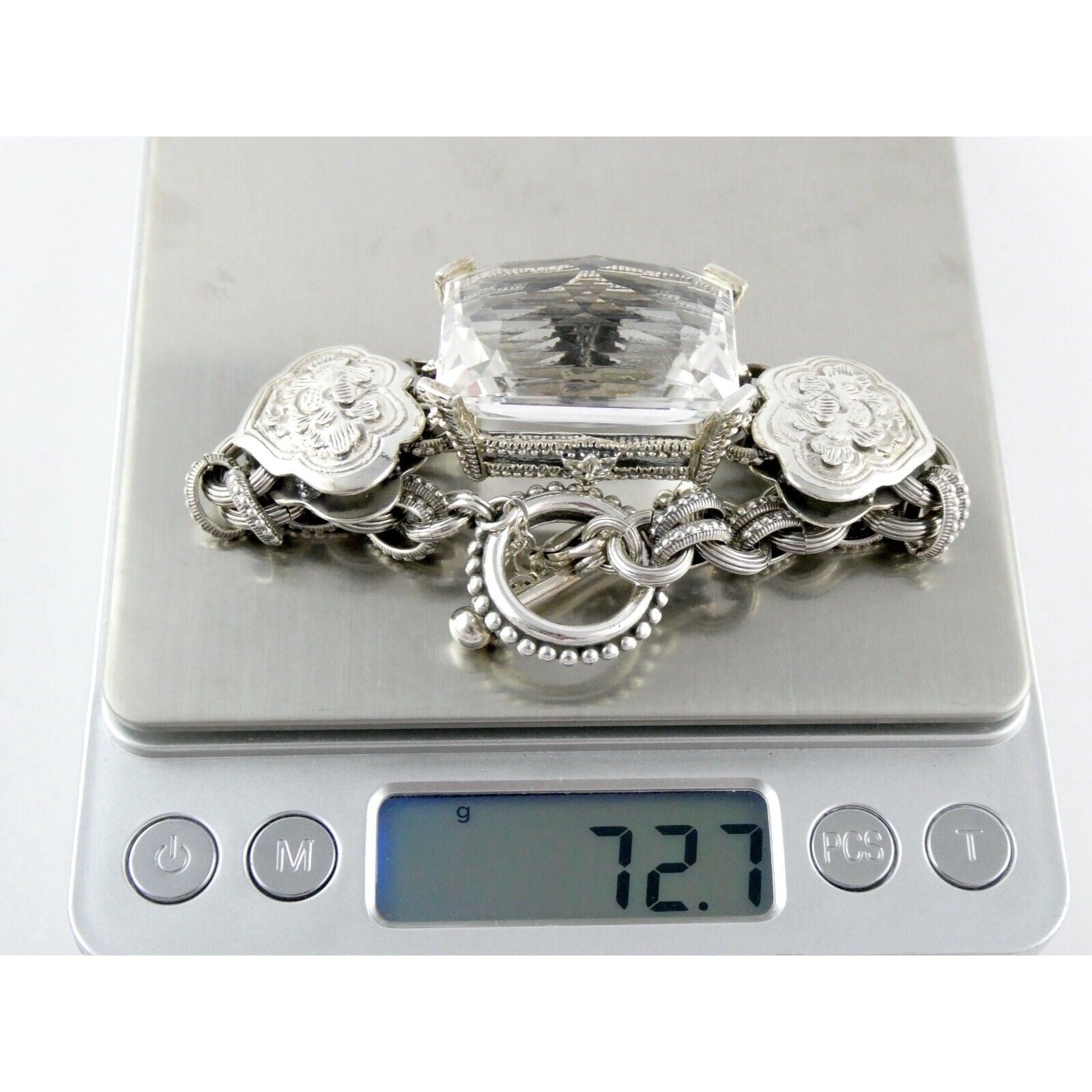 Stephen Dweck Sterling Silver Ornate Faceted Rock Crystal Quartz Bracelet 6.5 In