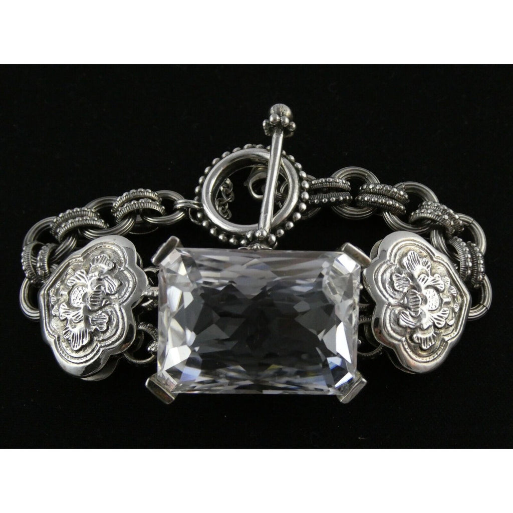 Stephen Dweck Sterling Silver Ornate Faceted Rock Crystal Quartz Bracelet 6.5 In